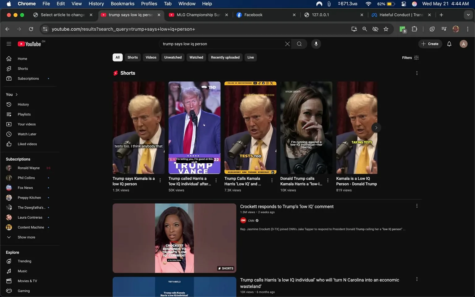 The image displays a screenshot of a YouTube search results page with a dark theme. The search query at the top reads "trump says low iq person." Below this, there are several video thumbnails related to the search.

1. **Text and Headlines**:
   - The search bar contains the text "trump says low iq person."
   - Various video titles are visible, including:
     - "Trump says Kamala is a 'low IQ person'"
     - "Trump called Harris a 'low IQ individual' after..."
     - "Donald Trump calls Kamala Harris a 'low-IQ'..."
     - "Kamala is a Low IQ Person - Donald Trump"
     - "Crockett responds to Trump's 'low IQ' comment"
     - "Trump calls Harris a 'low IQ individual' who will 'turn N Carolina into an economic wasteland'"

2. **Visible Brands and Logos**:
   - The YouTube logo is present in the upper left corner.
   - Thumbnails feature various styles but do not contain distinct logos apart from the YouTube branding.

3. **People's Appearance**:
   - Several thumbnails feature individuals:
     - A man with light-colored hair and a suit, possibly Donald Trump, is shown in multiple thumbnails. He has a serious expression and is gesturing with his hands.
     - A woman with dark hair, possibly Kamala Harris, is depicted in one thumbnail, appearing contemplative with a hand on her face.
     - Another thumbnail features a woman with dark skin and hair styled in loose curls, wearing a pink top, who appears to be speaking or responding.

4. **Clothing and Expressions**:
   - The man (presumably Trump) is wearing a suit with a tie, exhibiting a serious demeanor.
   - The woman (presumably Harris) is dressed in a dark outfit, with a thoughtful expression.
   - The woman in pink has a confident posture, suggesting she is engaged in a discussion.

5. **Setting and Background**:
   - The background is a digital interface of YouTube, featuring a black background typical of the platform's dark mode.
   - The thumbnails are arranged in a grid format, with each video having a play button icon overlay.

6. **Additional Context**:
   - The page includes sections like "You," "Subscriptions," and "Explore," indicating a personalized user interface.
   - The thumbnails suggest a focus on political commentary, particularly involving Donald Trump and Kamala Harris.

Overall, the image captures a digital search result page with a focus on political content, featuring notable figures and their statements.