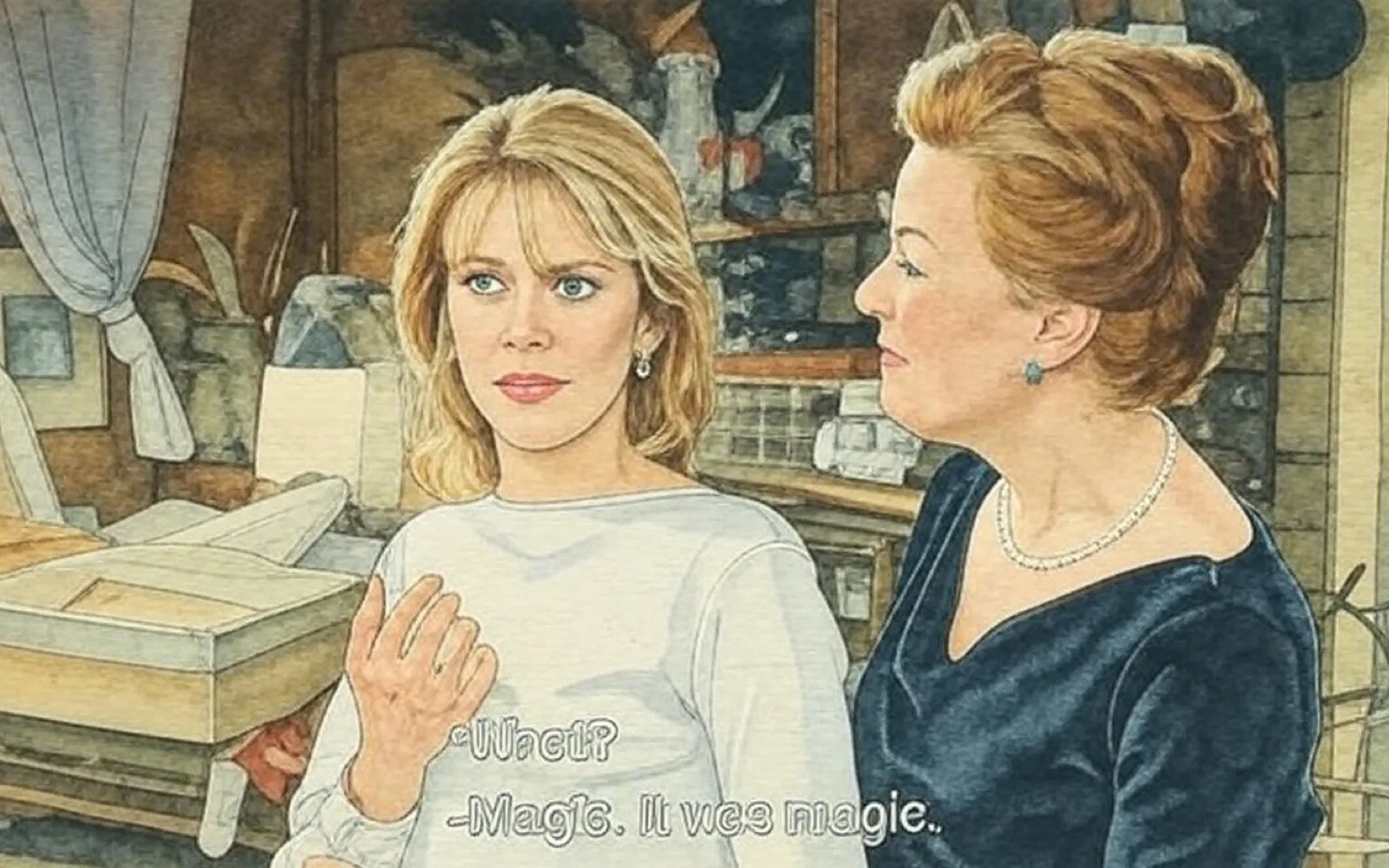 The image depicts two women engaged in a conversation. The setting appears to be a cozy, warmly lit room with a rustic aesthetic. 

**Readable Text:**
- There are subtitles visible at the bottom of the image, which read:
  - "-What?"
  - "-Magic. It was magic."

**People:**
1. **Woman on the Left:**
   - She has long, wavy blonde hair and is wearing a white long-sleeve top. 
   - Her facial expression shows a mix of surprise and contemplation, with her mouth slightly open and her eyebrows raised.
   - She is gesturing with her right hand, which is raised to her chest, indicating a moment of emphasis or questioning.

2. **Woman on the Right:**
   - She has short, styled red hair and is dressed in a black outfit, which appears to be a dress or a top with a modest neckline.
   - She has a slight smile on her face, suggesting a sense of amusement or satisfaction.
   - She is leaning slightly towards the woman on the left, with her body angled in her direction, indicating engagement in the conversation.
   - She is wearing a string of pearls around her neck and has pearl earrings.

**Setting:**
- The background features a mix of decorative elements, including soft drapes and a bed that is not fully made, suggesting a casual, lived-in environment.
- There are various objects visible, such as a bicycle leaning against the wall and shelves with jars and other items, contributing to a homey atmosphere.
- The lighting is soft and warm, enhancing the intimate feel of the scene.

Overall, the image captures a moment of dialogue between the two women, set in a comfortable and inviting space.