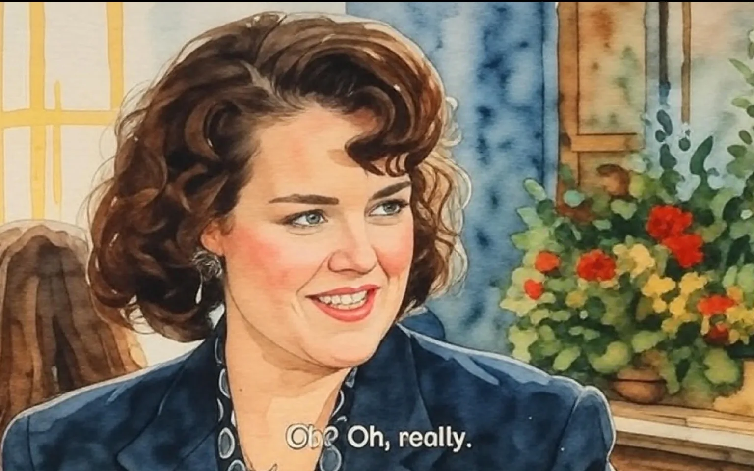 The image features a woman with medium-length, dark brown, curly hair styled with volume. She has a fair complexion and is wearing a black blazer over a white top. Around her neck, she has a necklace with circular links, which adds a decorative element to her outfit. Her facial expression appears engaged and slightly amused, as indicated by her smile and raised eyebrows. She is looking slightly to her left, suggesting she is in conversation with someone out of frame.

The setting appears to be an indoor venue, possibly a restaurant or event space, characterized by soft, natural lighting filtering through sheer curtains in the background. The background includes blurred figures of other people, indicating a social gathering. There are also decorative elements, such as a floral arrangement featuring red flowers and greenery, positioned on a table or counter behind her, which adds to the ambiance of the setting.

The visible text in the image reads: "Oh? Oh, really." This text is displayed in a white font at the bottom of the image, indicating it is likely part of a subtitle or caption accompanying the scene. There are no visible logos, brands, or product labels in the image. The overall composition suggests a moment of dialogue within a social context, but no specific event or occasion is identifiable from the details provided.