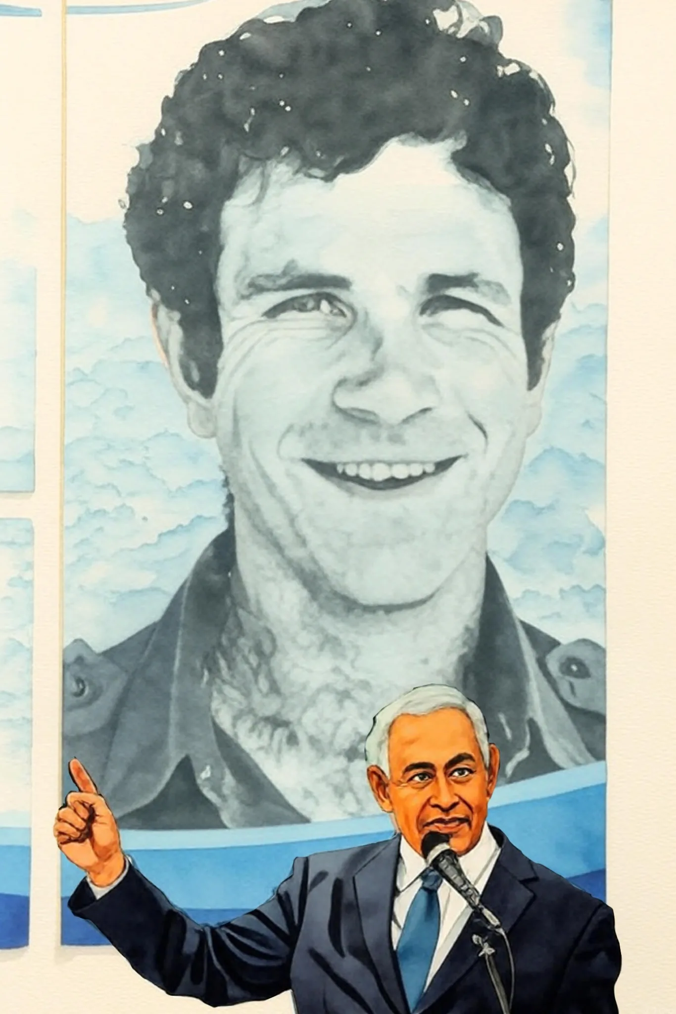 The image features a man speaking at a podium with a microphone. He is wearing a dark suit with a white shirt and a blue tie. His hair is light gray, and he has a slight smile on his face. He is gesturing with his right hand, pointing upwards. 

In the background, there is a large black-and-white photograph of a man with dark, curly hair and a broad smile. The man in the photo appears to be wearing a collared shirt, and he is looking directly at the camera. The photograph is mounted on a white wall, and there is a blue band at the bottom of the image that runs horizontally across the wall.

The setting appears to be an indoor event, possibly a conference or a public speaking engagement, given the presence of a podium and microphone. The overall atmosphere seems formal, with the speaker actively engaging with the audience. 

No specific text, logos, or brands are visible in the image aside from the photograph itself. The background is relatively plain, focusing attention on the speaker and the photograph.