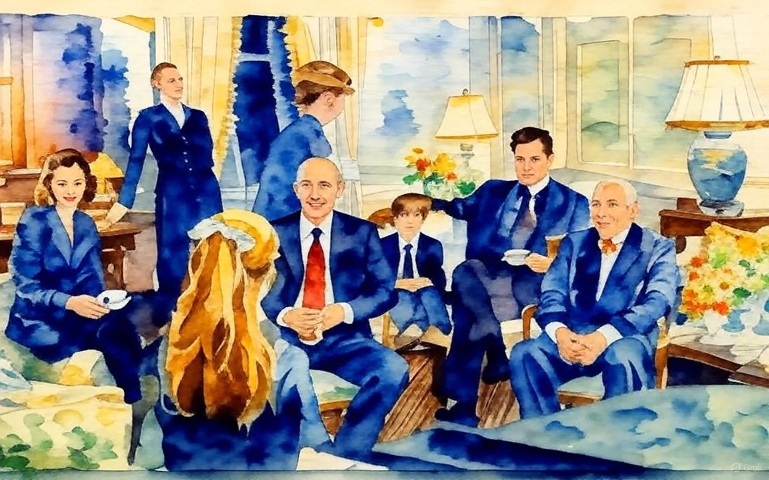 The image depicts a gathering in a well-furnished room, likely a living area or parlor. The setting features elegant decor, including a patterned sofa, ornate lamps, and a large wooden cabinet. The walls are adorned with light-colored paneling, and there are large windows with drapes.

In the foreground, a young girl with long hair tied back with a white ribbon is seated, facing a group of adults. She appears to be speaking or presenting something to them. The adults are arranged in a semi-circle around her.

To the left, a woman in a black outfit is holding a teacup and smiling. She has shoulder-length dark hair. Next to her is a man in a dark suit with a white shirt and a maroon tie, who is looking attentively at the girl. He has short, dark hair and is seated with a relaxed posture.

In the center, an older man with a mustache, dressed in a black suit and white shirt, is holding a glass. He appears engaged in the conversation. Beside him is a young boy in a black suit and tie, looking slightly shy or reserved.

To the right, another man in a dark suit is seated, holding a teacup and looking towards the girl. He has short, styled hair. Next to him is an elderly man wearing glasses and a bow tie, dressed in a patterned jacket and black pants, who seems to be smiling.

In the background, a woman in a green dress is walking past, and another woman is standing by the cabinet, observing the scene. The room is well-lit, with floral arrangements on a table and various decorative items visible, contributing to an atmosphere of warmth and formality. 

No readable text, logos, or trademarks are present in the image. The overall mood appears to be one of attentiveness and engagement among the group.