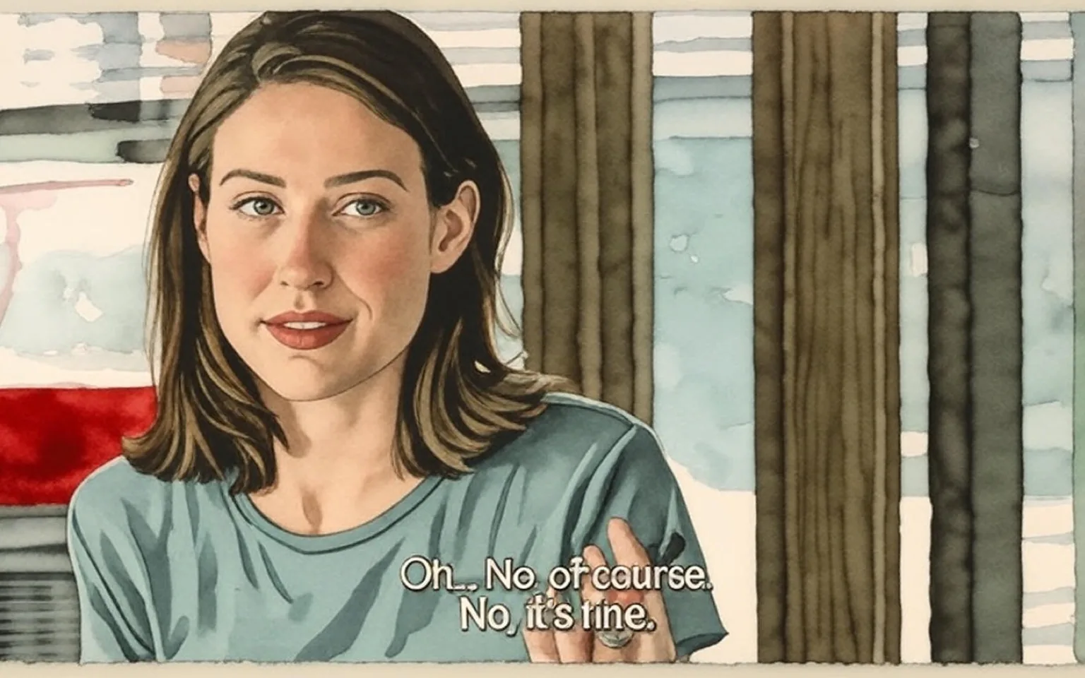 The image features a young woman with medium-length brown hair, styled in loose waves. She is wearing a gray t-shirt that appears casual and fitted. Her facial expression is slightly amused or playful, with a hint of a smile. The woman is positioned slightly to the left of the frame, and her gaze is directed towards the camera, suggesting engagement in conversation.

The background consists of wooden panels, likely part of a structure such as a house or café, with natural light filtering through. There are blurred objects in the background, including what appears to be a red object, possibly a piece of furniture or decor, but details are indistinct. The setting feels warm and inviting, indicative of a casual indoor environment.

Text displayed at the bottom of the image reads: "Oh... No, of course. No, it's fine." This text is in a white font against a black background, suggesting it may be a subtitle or caption accompanying the visual.

No identifiable brands, logos, or trademarks are visible in the image. The overall composition suggests a moment of dialogue or interaction, but no specific actions beyond the woman's expression and gesture are observable. The image captures a candid moment, emphasizing the woman's facial features and the cozy setting around her.