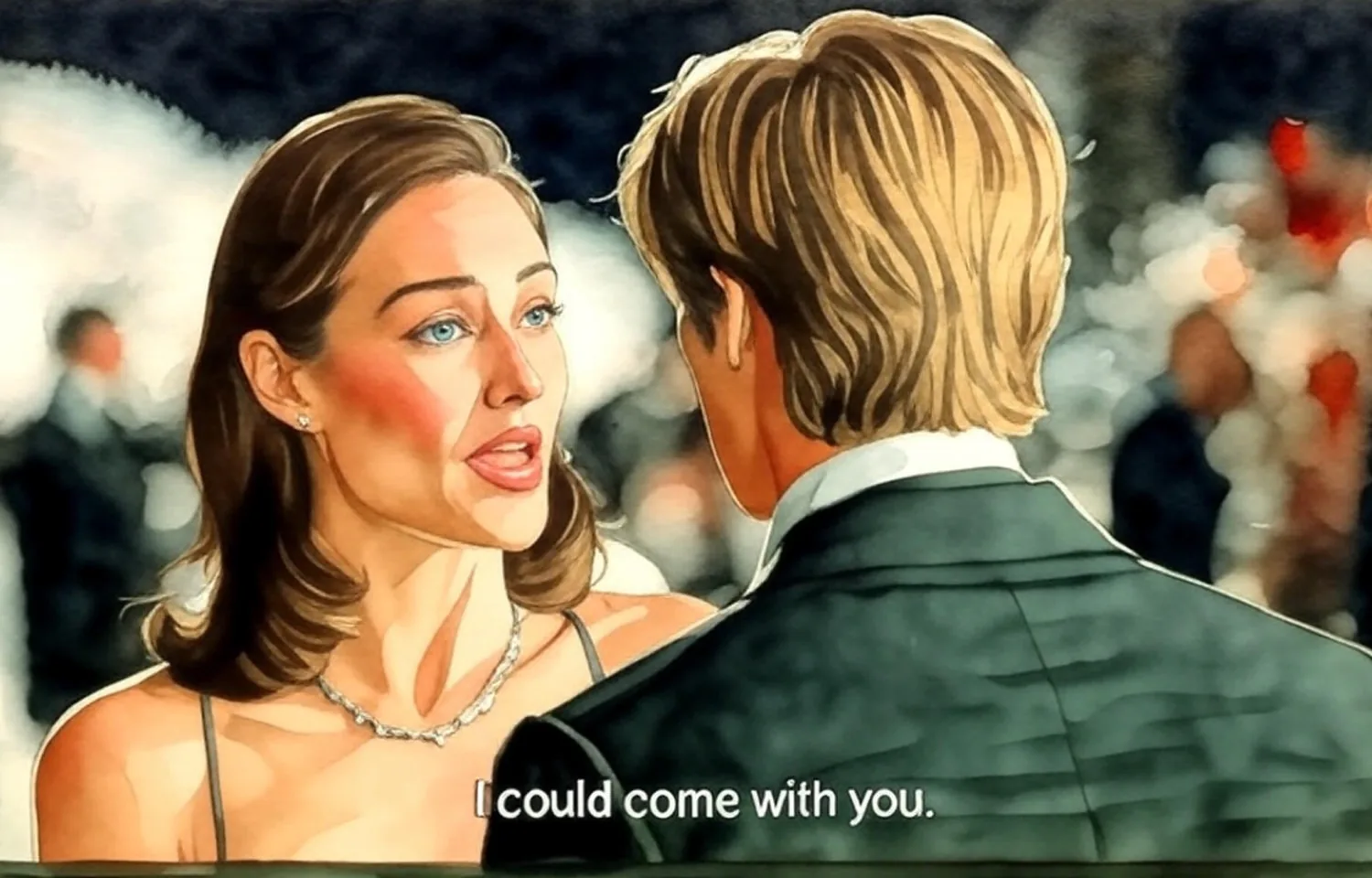 The image depicts a scene from a film featuring two characters engaged in conversation. 

**Visible Text:**
- The dialogue displayed at the bottom reads: "I could come with you."

**Characters:**
- The woman is wearing a black, sleeveless dress that has a slight sheen. She has long, dark brown hair styled in soft waves. Her makeup is polished, with noticeable lipstick and eye makeup. She appears to be expressing concern or urgency, as indicated by her facial expression, which includes slightly raised eyebrows and parted lips.
- The man is partially visible, facing away from the camera. He is dressed in a formal black suit with a white dress shirt and a black bow tie. His hair is light brown and styled in a neat, slightly tousled manner. His expression is not fully visible, but he appears to be listening intently to the woman.

**Setting:**
- The background is blurred but suggests a formal event, possibly a gala or party. There are soft, bright lights creating a bokeh effect, indicating a festive atmosphere. The setting appears to be indoors, with other indistinct figures in formal attire visible in the background, contributing to the ambiance of a social gathering.

**Overall Context:**
- The scene captures a moment of dialogue between the two characters, likely conveying a significant emotional exchange. The formal attire and setting suggest a high-stakes or important conversation taking place in a social context. 

This description focuses solely on observable details without inferring emotions or relationships.