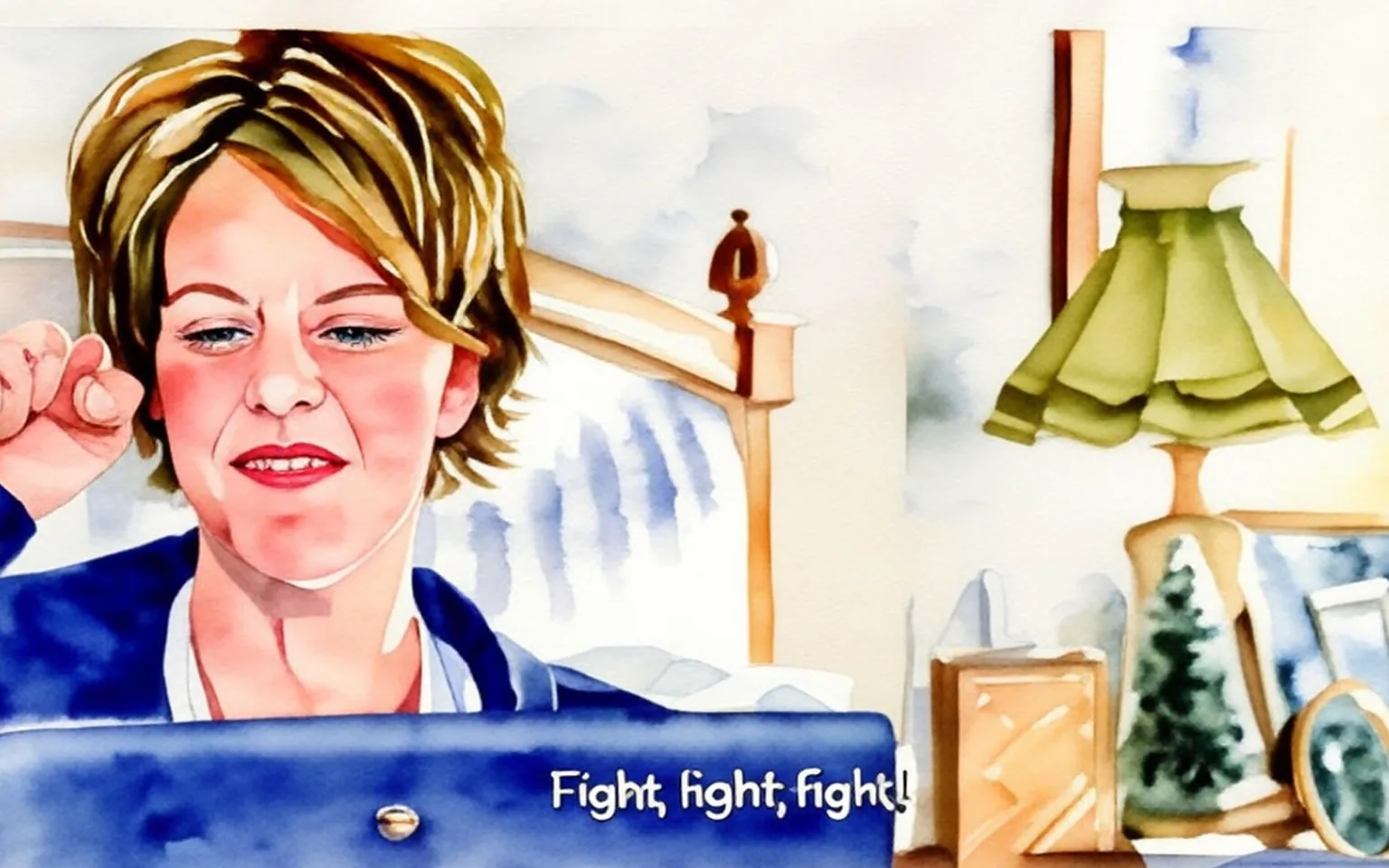 The image depicts a woman sitting in a bedroom setting, appearing to be engaged with a laptop. She has short, wavy blonde hair styled in a layered cut. Her expression is one of intense focus or frustration, characterized by a scrunched face and a slight grimace. She is raising her right fist in a gesture that suggests encouragement or excitement, while her left hand is positioned near the laptop.

The woman is wearing a dark-colored jacket over a white top, which is partially visible. The background features a light-colored wall and a bed with a light-colored headboard. A bedside lamp with a pleated shade is visible on a nightstand to her right, along with a small decorative tree and a few framed photographs. The laptop in front of her displays a logo resembling the classic Apple logo, indicating it is a MacBook.

The text overlay at the bottom of the image reads, "Fight, fight, fight!" in a bold, white font. The overall atmosphere of the image suggests a moment of high energy or enthusiasm, likely related to an online interaction or event. The setting appears cozy and personal, typical of a home environment.