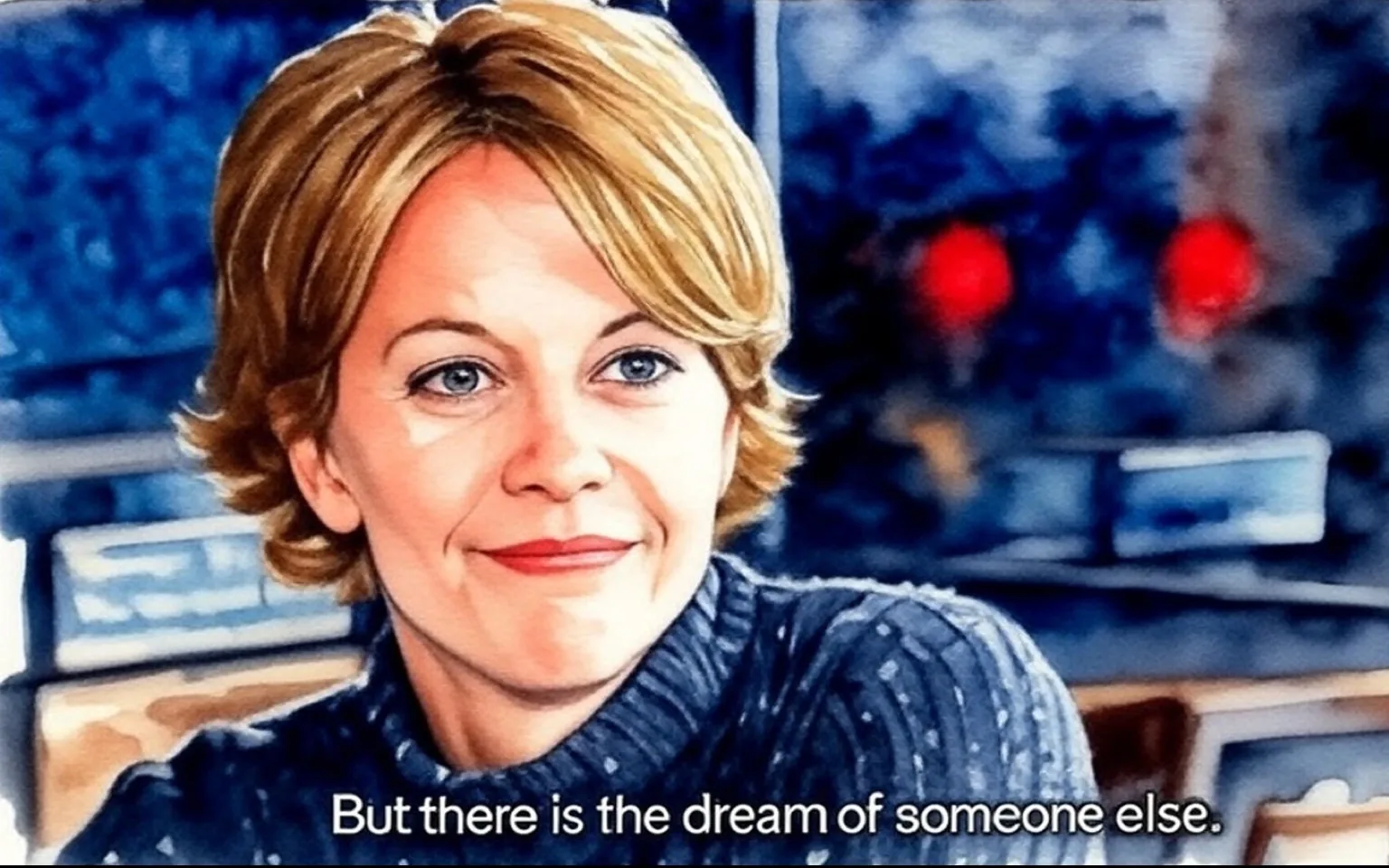 The image features a woman with short, wavy blonde hair, styled in a casual manner. She has a light complexion and is wearing a dark, knitted sweater. Her expression is calm and slightly smiling, suggesting a moment of contemplation or connection. The background is somewhat blurred but includes hints of a dimly lit environment, possibly a café or restaurant, with soft lighting that creates a warm atmosphere. 

In the background, there are indistinct shapes that could be furniture or decor, but they are not clearly defined. The lighting appears to be low, with some red and yellow lights visible, which could indicate the presence of other patrons or decorative elements. 

At the bottom of the image, there is text that reads: "But there is the dream of someone else." This text is in white and is positioned centrally, contrasting with the darker background, making it easily readable. 

Overall, the scene conveys a relaxed, intimate setting, with the woman appearing engaged in a conversation or thought. The focus is primarily on her facial expression and the text, with the background serving as a subtle context for the moment captured.