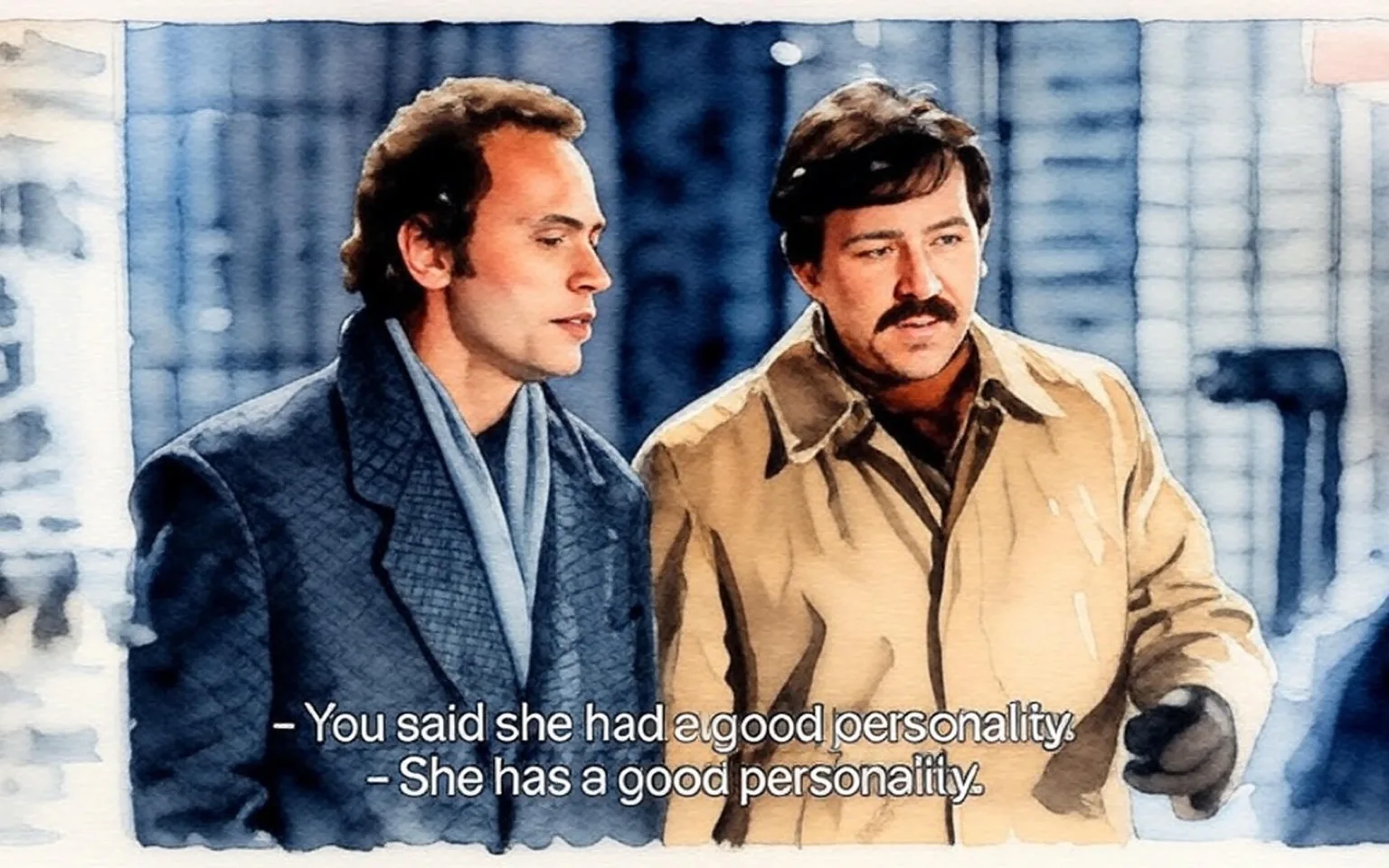 The image depicts two men engaged in conversation. The man on the left has short, wavy hair and is wearing a dark, textured coat with a light-colored scarf around his neck. He appears to be looking slightly to the right, possibly at the other man. The man on the right has a mustache and is dressed in a light-colored, buttoned coat over a darker shirt. He has short, dark hair and is facing the left man, with a slight smile on his face, suggesting a friendly demeanor.

The background features a blurred urban setting, with what appears to be a wall or building structure behind them. There are faint outlines of posters or advertisements on the wall, but the text is not clearly legible. The lighting in the scene suggests it is either evening or night, as the colors are muted and the environment appears dimly lit.

The dialogue displayed at the bottom of the image indicates a light-hearted exchange between the two men, with one commenting on a woman's personality. The text is presented in white against a dark background, making it easily readable. The overall atmosphere seems casual and conversational, with both men appearing relaxed in their interaction.