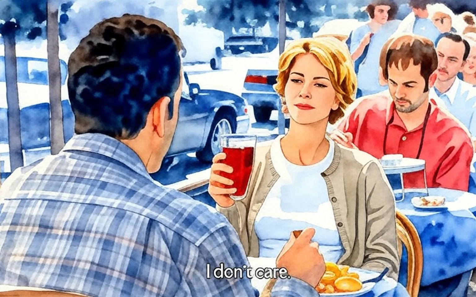 The image depicts a scene set in an outdoor dining area, likely a café or restaurant. In the foreground, a woman with short, wavy blonde hair is seated at a table. She is wearing a white shirt and a light beige cardigan. Her expression appears calm and somewhat indifferent as she holds a tall glass filled with a dark beverage, possibly iced tea or soda. The glass is clear, showcasing the drink inside, and she is looking at the person across from her.

The man sitting opposite her has his back to the camera, making it difficult to see his face. He is wearing a plaid shirt in shades of gray and brown. The focus of the image is on the woman, who seems to be engaged in a conversation, as indicated by her body language and the way she is holding her drink.

In the background, several other patrons are visible, seated at tables with light blue tablecloths. Some people appear to be enjoying their meals, while others are engaged in conversation. A few vehicles can be seen parked on the street behind them, including a white pickup truck and a gray sedan. The setting suggests a lively atmosphere, typical of a casual dining experience in an urban area.

No text, logos, or trademarks are visible in the image. The overall scene conveys a relaxed dining environment, with a focus on the interaction between the two main subjects at the table.