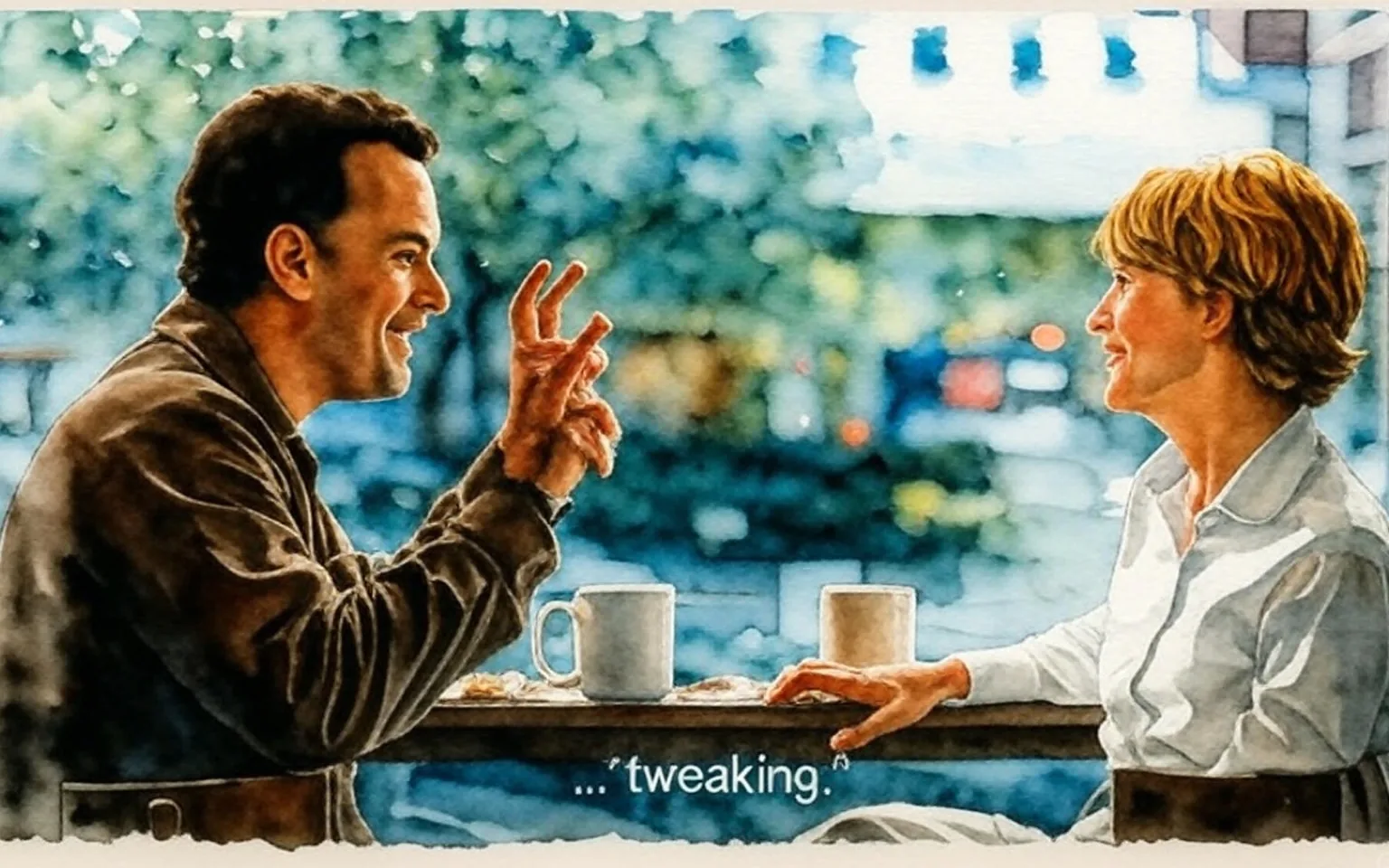 The image depicts a scene from a café or restaurant setting, where two individuals are engaged in conversation. 

**People:**
1. **Individual on the left:**
   - Gender: Male
   - Hair: Dark, slightly wavy, medium length
   - Clothing: Wearing a brown jacket over a light-colored shirt
   - Expression: Smiling, animated, with hands raised in a gesturing manner, indicating he is speaking enthusiastically.

2. **Individual on the right:**
   - Gender: Female
   - Hair: Short, blonde, styled in soft waves
   - Clothing: White button-up shirt, with sleeves rolled up to the elbows
   - Expression: Smiling, looking at the male speaker, appearing engaged in the conversation.

**Setting:**
- The background features a blurred view of a cityscape, with trees and possibly flowering plants visible, suggesting a pleasant outdoor environment.
- There are two white mugs on the table in front of the individuals, indicating they are likely having coffee or tea.
- The table is wooden, and there are some light-colored items, possibly snacks or pastries, scattered on it.

**Text:**
- The visible text at the bottom of the image reads: "...tweaking." This suggests a part of their conversation is being highlighted.

**Overall Atmosphere:**
- The scene conveys a casual and friendly interaction, with both individuals appearing to enjoy their time together in a lively café environment. The lighting is warm, contributing to a welcoming ambiance. 

No identifiable brands, logos, or trademarks are visible in the image. The focus remains on the individuals and their interaction within the café setting.