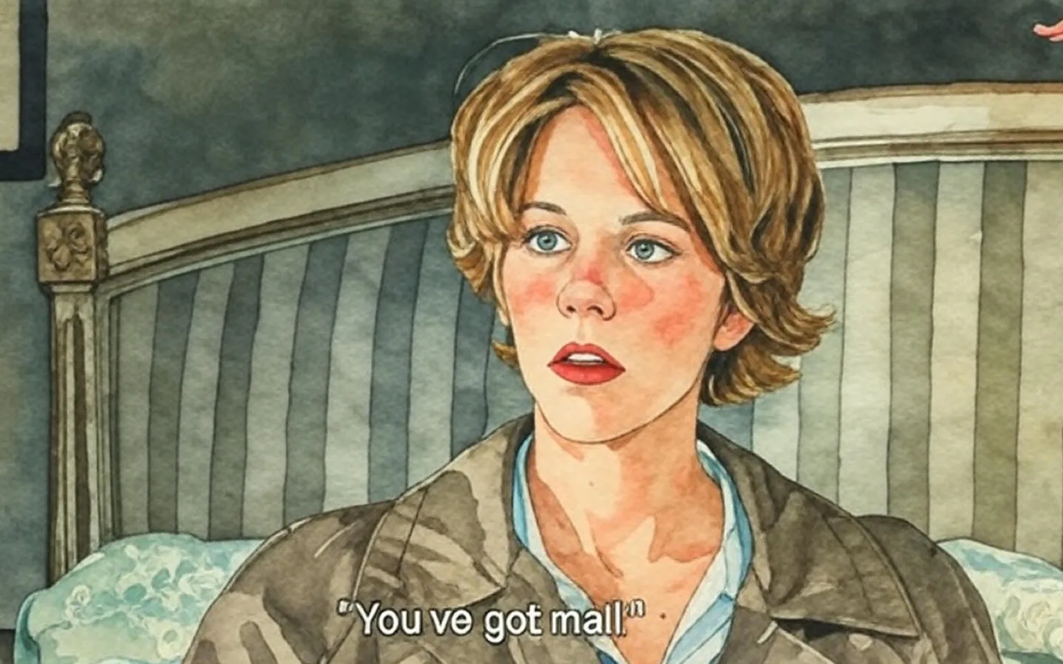 The image depicts a woman with short, wavy blonde hair, sitting on a bed. She has a surprised or contemplative expression on her face, with her mouth slightly open, as if she has just heard something unexpected. Her clothing consists of a light-colored, possibly beige, trench coat that is open at the front, revealing a white shirt underneath. The setting appears to be a bedroom, with a headboard that has a striped pattern in light colors. 

In the background, there is a framed piece of artwork or a poster on the wall, which is not clearly visible but suggests a decorative element in the room. The bed has a patterned yellow and white bedspread, and there are pillows that match the bedspread. The overall color scheme of the room is soft and muted, contributing to a calm atmosphere.

The text displayed at the bottom of the image reads, "You've got mail," indicating a moment of significance related to communication, likely referencing an email notification. The lighting in the room appears warm, suggesting it may be daytime. 

No identifiable brands, logos, or trademarks are visible in the image. The focus remains on the woman and her immediate surroundings, with no additional people or objects present that would provide further context.