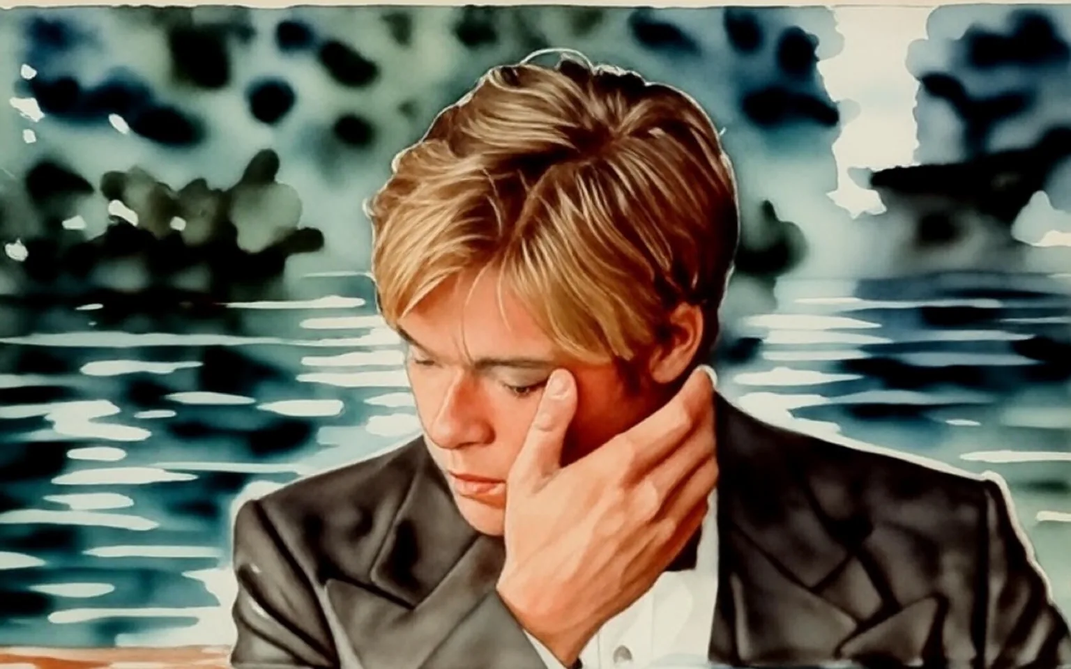 The image depicts a man with light blonde hair styled in a slightly tousled manner. He is wearing a black tuxedo jacket over a white dress shirt, which is partially visible. The man is seated, with his head tilted slightly downward, and his eyes are closed. His right hand is raised to his face, with his fingers gently touching his cheek and forehead, suggesting a contemplative or emotional moment.

The background is blurred, featuring dark shades of green and hints of light, indicating an outdoor setting, possibly at night. The lighting creates a soft focus effect, emphasizing the man's expression and attire. There are no visible text, logos, or identifiable brands in the image. The overall composition conveys a sense of introspection, but no specific emotions or relationships can be inferred from the visual alone. 

The man’s facial features are not clearly defined due to the angle and lighting, and there are no other individuals or objects in the frame to provide additional context. The focus remains solely on the individual and his pose.