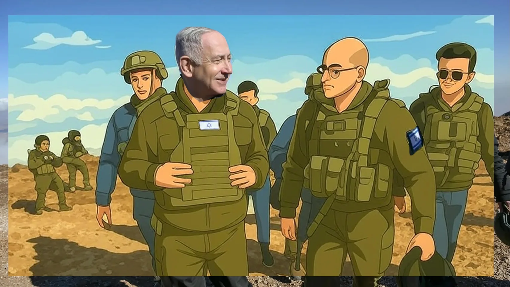 The image depicts a group of individuals in a mountainous outdoor setting, likely at a military or security-related event. The sky is clear with a few clouds visible in the background, suggesting a bright day. 

In the foreground, two men are engaged in conversation. The man on the left is wearing a black jacket and a green tactical vest with a small blue and white flag patch on the front, indicating a possible affiliation with Israel. He has short, gray hair and is smiling, appearing to be in a friendly discussion. The man on the right is dressed in a green military-style outfit, including a tactical vest and glasses. He has short hair and is also smiling, indicating a positive interaction.

Behind them, several individuals are visible, some wearing military uniforms and tactical gear. Two soldiers in the background are holding rifles and appear to be in a stance typical of military readiness. They are dressed in olive green uniforms, with helmets and tactical vests. The terrain is rocky and barren, typical of a mountainous area, with some vegetation visible.

The overall atmosphere suggests a military or security operation, with the individuals appearing to be engaged in a discussion related to their roles. There are no visible signs, logos, or text in the image aside from the flag patch on the tactical vest. The focus remains on the interaction between the individuals and their military attire, set against a natural backdrop.