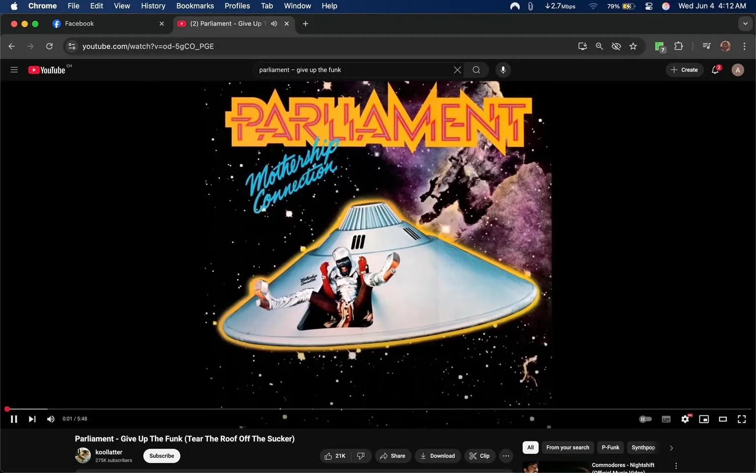 The image displays the album cover for "Mothership Connection" by the musical group Parliament. The background is predominantly black, featuring a starry space scene with various celestial elements, including stars and nebula-like formations in shades of purple and blue.

At the center of the cover is a large, stylized spaceship resembling a flying saucer. The saucer is primarily white with a metallic sheen and has a dome-shaped top with ridges. It is outlined in a bright yellow glow, enhancing its prominence against the dark background. 

Inside the saucer, two figures are visible. One figure is dressed in a white, futuristic outfit with a helmet, while the other is wearing a red and black ensemble. Both figures are posed with their arms raised, suggesting a celebratory or dynamic action. The figure in white appears to be seated, while the other is positioned in a more upright stance.

Above the spaceship, the word "PARLIAMENT" is prominently displayed in bold, orange letters with a stylized font that has a retro feel. Below this, in a cursive blue font, the text reads "Mothership Connection." 

The overall design is colorful and eye-catching, characteristic of the funk genre's vibrant aesthetic. The album cover conveys a sense of fun and creativity, typical of Parliament's artistic style.