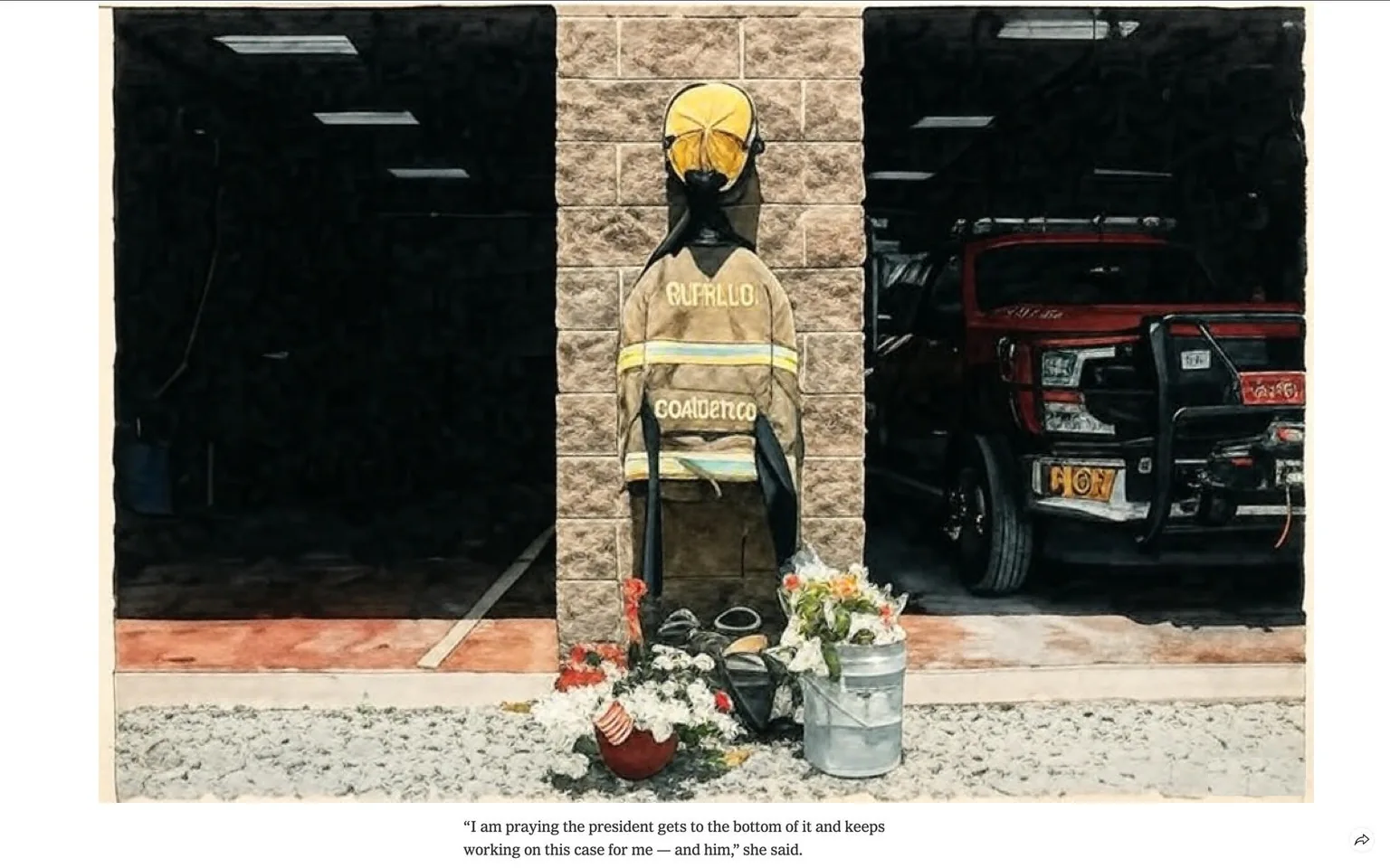 The image depicts a memorial for Corey Compertore, a former fire chief, situated in front of a fire station. The memorial features a firefighter's uniform, which includes a jacket and helmet. The jacket is hanging on a wall and has the word "BUFFALO" prominently displayed on the back, along with the name "COMPERTORE" below it. The helmet is yellow and is positioned above the jacket.

At the base of the memorial, there is a collection of flowers arranged in a bucket, with various colors including red, white, and blue, which may symbolize patriotism. Additionally, there are small American flags placed among the flowers. The memorial is set on a gravel surface, and the background shows a fire truck parked in a garage, partially visible through an open doorway. The truck is red and has the number "R-27" displayed on its front.

The lighting in the image appears bright, suggesting it was taken during the day. The wall behind the memorial is made of gray concrete blocks, and the overall setting conveys a somber yet respectful atmosphere. There are no visible people in the image, and the focus remains solely on the memorial and the fire truck.