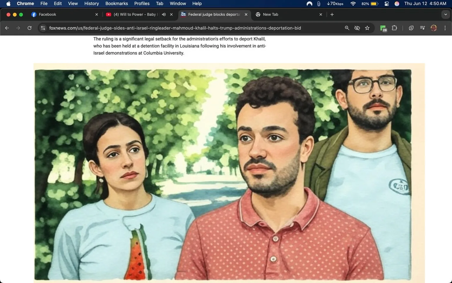 The image features a group of three individuals standing outdoors, likely in a park or a similar green space. The background shows trees and a pathway, indicating a public area. 

In the foreground, a man is speaking, appearing to be the focal point of the image. He has short, dark hair and is wearing a red, short-sleeved shirt with a small white pattern. His expression is serious, and he appears to be engaged in a discussion or press briefing. 

To his left, a woman stands with a neutral expression. She has long, dark hair and is wearing a white shirt with a vertical green and red stripe design. The shirt's design may suggest a cultural or political statement, but no specific logos or text are visible on her clothing.

To the right of the man, a second man is partially visible. He has a beard and is wearing glasses, along with a white shirt. His expression is not clearly visible due to the angle of the photograph.

The image is accompanied by a caption that identifies the man speaking as Mahmoud Khalil, a Columbia University student involved in protests related to Israel. The caption also notes the date as June 1, 2024, and mentions that the event is related to a press briefing organized by pro-Palestinian protesters.

Overall, the image captures a moment of activism, with the individuals appearing to be discussing or advocating for a cause in a public setting.