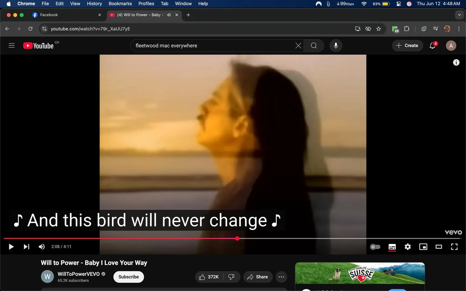 The image displays a still from a music video, specifically from the song "Baby I Love Your Way" by Will to Power. The frame shows a person with long dark hair, facing slightly upward, with their eyes closed. The individual appears to be in a contemplative or serene state, with a soft expression on their face. The background features a blurred sunset or sunrise over a body of water, creating a warm, golden hue that envelops the scene.

The text overlay at the bottom of the image reads, "And this bird will never change," indicating a lyrical moment from the song. The video player interface is visible, showing the play button, a timeline with a marker at 2:08, and a total duration of 4:11. Below the video, the channel name "Will to Power VEVO" is displayed, along with a subscriber count of 65.2K. There are also options to like, share, and subscribe.

The overall atmosphere of the image is tranquil, with the combination of the person's expression and the warm colors of the background suggesting a reflective mood. The setting appears to be a natural landscape, likely near a shoreline, given the visible water in the background. The image captures a moment that seems to evoke feelings of nostalgia or longing, enhanced by the soft focus and warm lighting.