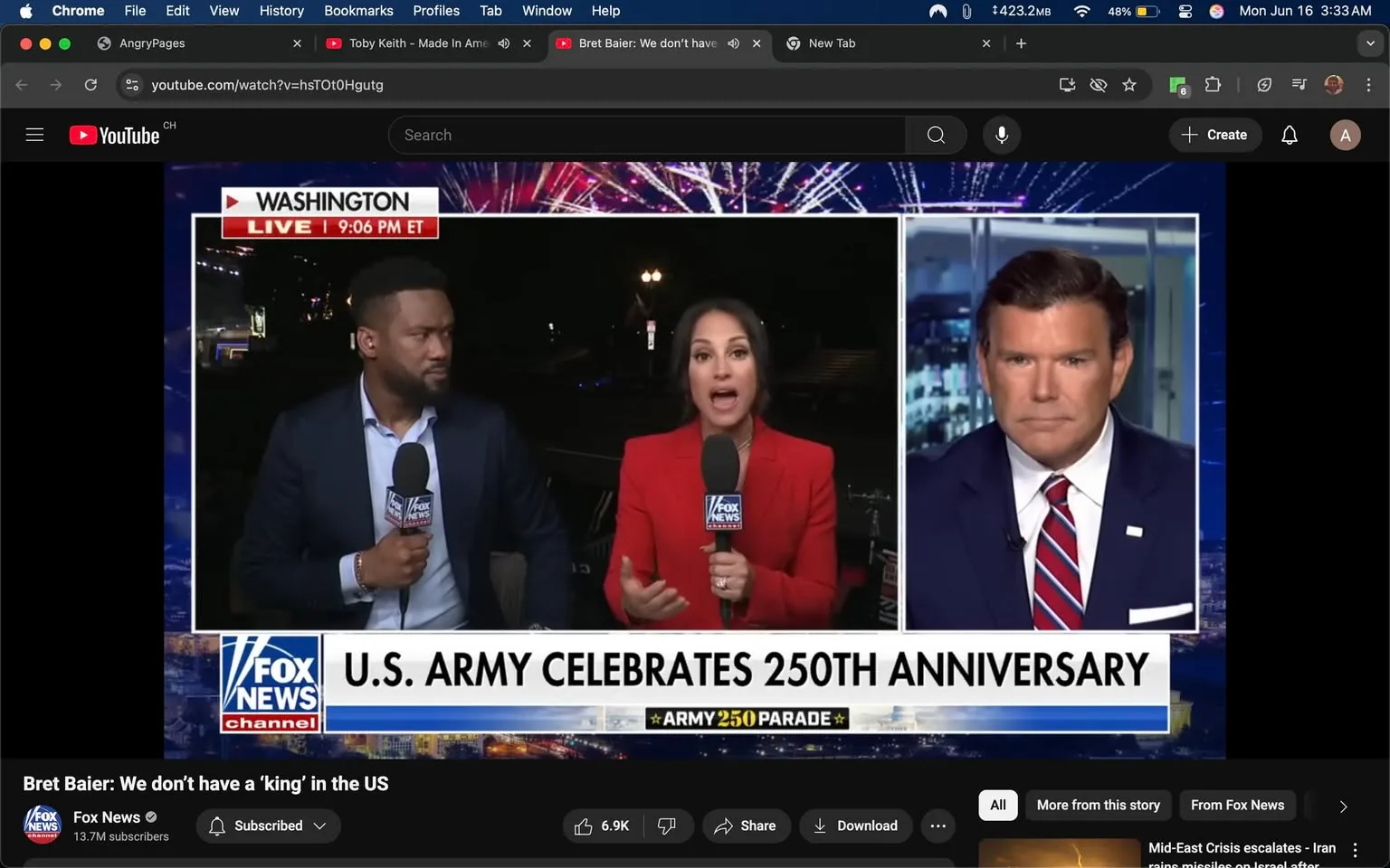 The image depicts a live broadcast segment from Fox News, featuring three individuals in a split-screen format. 

**Text and Logos:**
- The top of the image displays the text "WASHINGTON" and "LIVE! 9:06 PM ET" in a bold font.
- Below that, there is a headline that reads "U.S. ARMY CELEBRATES 250TH ANNIVERSARY."
- The Fox News logo is visible in the bottom left corner, along with the text "FOX NEWS CHANNEL."
- The bottom of the screen features the text "ARMY 250 PARADE."

**People:**
1. **Left Side:**
   - A man is seated, wearing a dark blue suit jacket over a white shirt. He has short, curly hair and is holding a microphone with the Fox News logo. His expression appears serious as he listens to the woman speaking.
   - He has a silver bracelet on his wrist.

2. **Center:**
   - A woman is speaking animatedly, wearing a bright red blazer over a black top. She has long, dark hair styled in loose waves. She is holding a microphone and gesturing with her right hand, indicating engagement in the conversation. Her expression is animated and expressive.

3. **Right Side:**
   - A man is seated, wearing a dark suit with a white shirt and a red and blue striped tie. He has short, neatly styled hair and a serious expression. He is looking directly at the camera, suggesting he is part of the discussion.

**Setting and Background:**
- The background appears to be an outdoor setting, likely in Washington, D.C., given the context. There are blurred lights in the background, possibly from a parade or celebration, contributing to a festive atmosphere.
- The image has a dark ambiance, indicating it is nighttime, with some illumination from the background lights.

Overall, the scene captures a moment of a news broadcast focused on the celebration of the U.S. Army's 250th anniversary, with three individuals engaged in discussion, set against a nighttime backdrop.