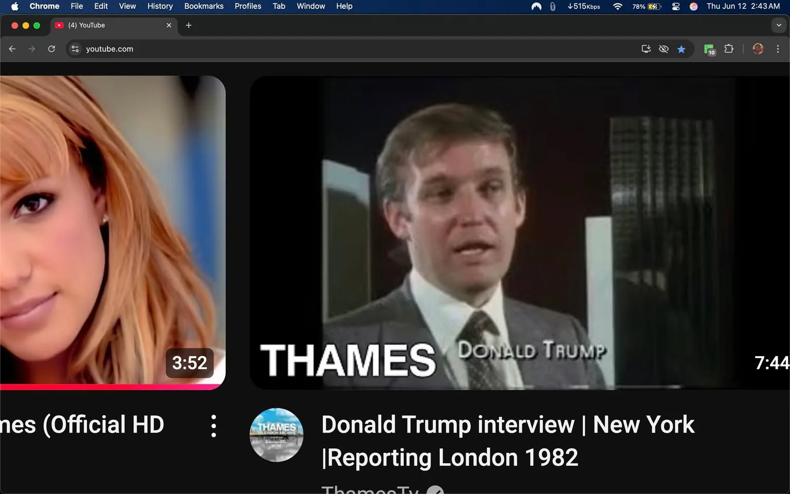 The image displays a YouTube interface featuring two video thumbnails. On the left side, there is a thumbnail of a young woman with long, wavy blonde hair and a soft expression. She appears to be looking directly at the camera, with her head slightly tilted. The background is blurred, suggesting an outdoor setting, possibly with natural light. Below her image, there is a red bar indicating the video duration of 3:52, and the title reads "Thames (Official HD)."

On the right side, the thumbnail features a man with short, light brown hair, wearing a gray suit and a white shirt with a patterned tie. He is speaking, with his mouth slightly open, and appears to be in a formal setting, possibly an interview. The background is dark, with a vertical striped pattern visible behind him, suggesting a professional environment. The text overlay includes the word "THAMES" and "DONALD TRUMP," indicating that this video is related to an interview with him. Below this thumbnail, the video duration is shown as 7:44, and the title reads "Donald Trump interview | New York Reporting London 1982," along with the channel name "ThamesTv."

The overall layout is typical of YouTube, with a dark background for the video thumbnails and a light gray interface for the text. The thumbnails are bordered by a thin white line, and there are icons for options like sharing and saving the video. The image captures a moment in digital media consumption, showcasing content related to both music and a historical interview.