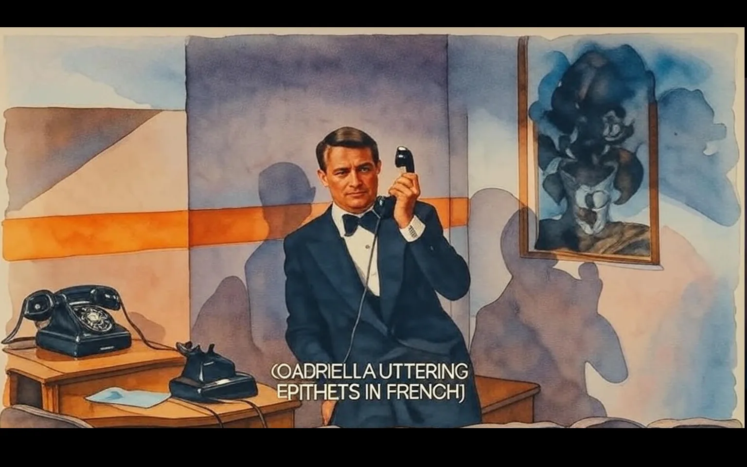 The image depicts a man seated at a wooden table in a room with a minimalist design. He is dressed in a black tuxedo with a white dress shirt and a black bow tie. His hair is neatly styled, and he has a serious expression on his face as he holds a black telephone receiver to his ear with his right hand. The background features a wall painted in light colors, with a horizontal orange stripe running across it. 

To the right of the man, there is a framed painting that appears to depict a still life with a vase and flowers, rendered in abstract style. The colors in the painting are muted, with shades of green, brown, and gray. The lighting in the room is soft, creating a calm atmosphere.

On the table, there is a black rotary telephone and a blue piece of paper, which is partially visible. The man's shadow is cast on the wall behind him, adding depth to the scene. The subtitle at the bottom of the image reads, "(GABRIELLA UTTERING EPITHETS IN FRENCH)," indicating that there is dialogue occurring off-screen.

Overall, the setting appears to be an indoor space, possibly a hotel room or a private office, characterized by its simple yet elegant decor. The focus is on the man and his conversation, with no additional people or distractions visible in the frame.