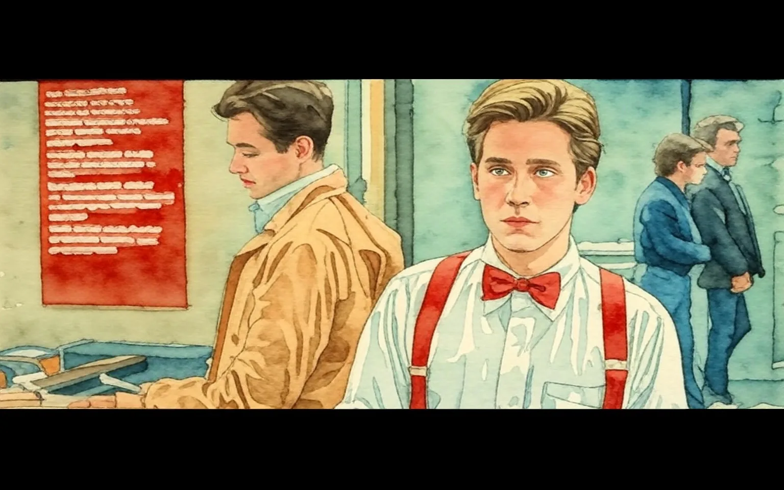 The image features a scene set in an indoor location, likely a public building or office. In the foreground, a young man stands prominently. He has light brown hair styled in a neat manner and is wearing a white shirt with a red bow tie. His outfit includes red suspenders that are attached to the shirt, giving him a formal appearance. His expression is serious and slightly anxious, with wide eyes that convey a sense of concern or surprise.

In the background, another man is visible, facing away from the camera. He is wearing a light brown, possibly beige, jacket over a blue shirt. His hair is dark and short, and he appears to be engaged in an activity, possibly looking at something in his hands. The background features a wall with a large red sign that contains white text, although the text is not legible in the image. The sign seems to convey important information, likely related to the facility or its rules.

Further back, there are two additional figures, one wearing a dark jacket and the other in a blue shirt, both of whom are partially obscured. The setting appears to be a busy area, with a counter or desk visible in the foreground, suggesting a reception or service area. The overall lighting is bright, typical of indoor environments, and the colors are somewhat muted, with a focus on neutral tones and the bright red of the sign and bow tie.