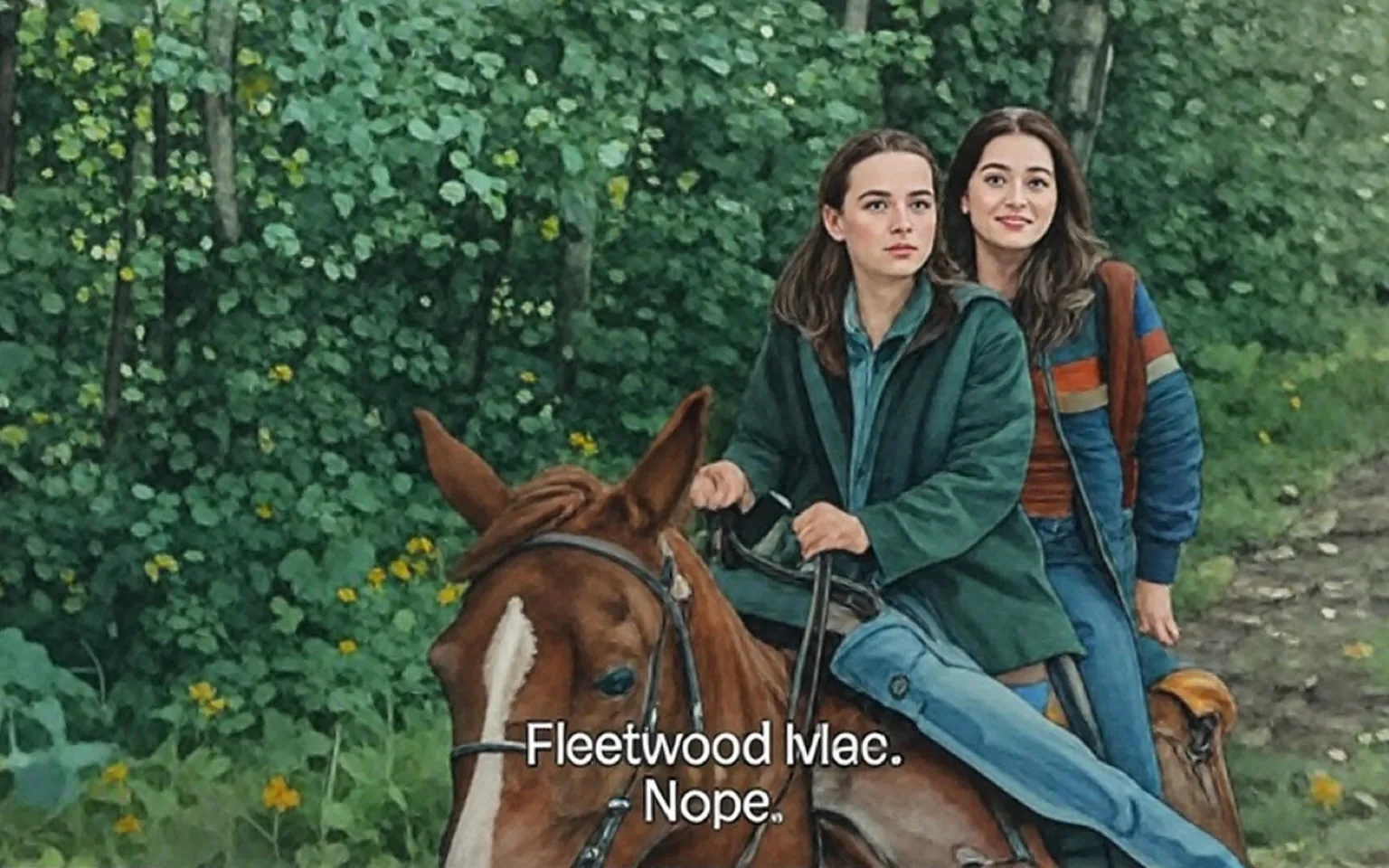 The image depicts two individuals riding a brown horse along a wooded path. The horse has a white marking on its face, and its saddle appears to be a traditional Western style. 

The person in front, who is holding the reins, has short dark hair and is wearing a dark green jacket over a gray shirt. They have a serious expression and are looking slightly to the side. The person behind them has long, dark hair and is dressed in a colorful, striped jacket over a maroon top, with a backpack slung over one shoulder. They appear to be smiling and are leaning slightly towards the person in front.

The background consists of dense greenery, including trees and shrubs, suggesting a natural outdoor setting. The lighting is soft, indicating it may be a sunny day, and there are hints of yellow flowers in the foliage. The path they are on is dirt, surrounded by grass and plants, indicating a rural or forested area.

No readable text, logos, or identifiable brands are present in the image. The overall scene conveys a casual and relaxed atmosphere, with the two individuals engaged in conversation while riding.