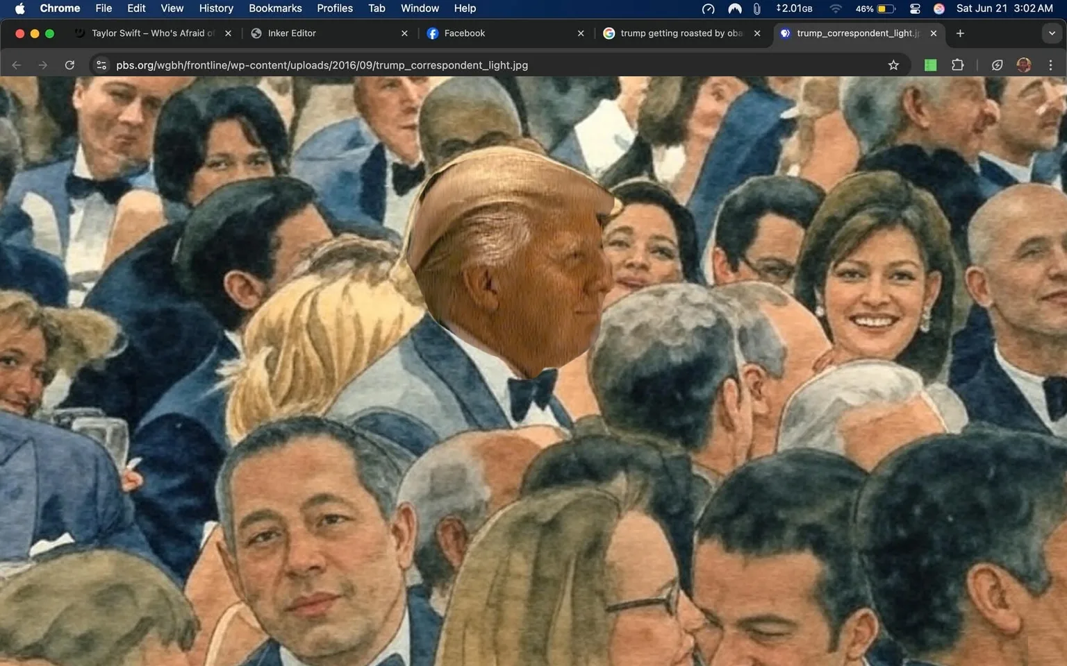 The image depicts a crowded event, likely a formal gathering, with numerous individuals seated at tables. The setting appears to be a banquet hall, characterized by dim lighting and elegant decor. 

In the foreground, a man with distinctive light-colored hair, styled in a unique manner, is seated among a group of people. He is wearing a black tuxedo with a white shirt and a black bow tie. His facial expression is neutral, and he is looking slightly to his left, engaging with the people around him. 

Surrounding him are several individuals, both men and women, dressed in formal attire. Some women have long hair, styled in various ways, and are wearing evening gowns or elegant dresses. A woman to the right of the man with light-colored hair is smiling and appears to be engaged in conversation. She has shoulder-length brown hair and is wearing a dark dress with earrings. 

The background is filled with more attendees, many of whom are also dressed in formal wear, including tuxedos and evening gowns. Glasses and plates are visible on the tables, indicating that food and drinks are being served. The overall atmosphere seems lively, with people interacting and enjoying the event.

No readable text, signs, or logos are present in the image. The focus is primarily on the individuals and their attire, with no specific branding or identifiable products visible. The image captures a moment of social interaction within a formal event setting.