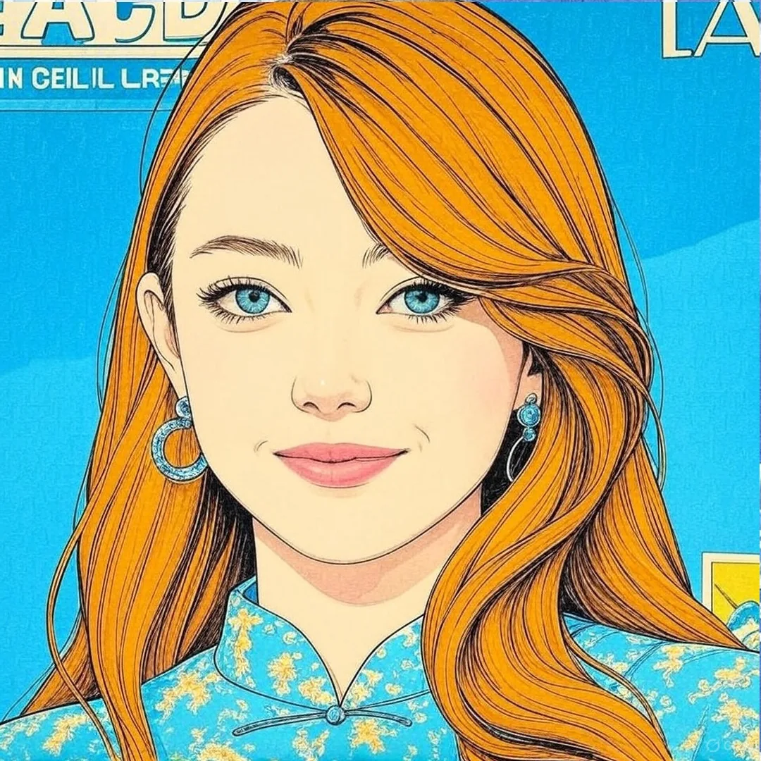 The image features a woman with shoulder-length, wavy brown hair that has subtle highlights. She has a fair complexion and is wearing a light, pastel-colored outfit adorned with decorative elements around the neckline, possibly made of fabric with floral or intricate designs. Her makeup includes a soft lavender eyeshadow that complements her green eyes, which are accentuated with eyeliner. She has a natural lip color that appears soft pink.

In terms of accessories, she is wearing a small, elegant earring in her left ear and a larger hoop earring in her right ear. The background is a blue backdrop with visible text that includes "ACLU" and "American Civil Liberties Union," indicating that this image was likely taken at an event related to civil liberties or social justice.

The overall expression on her face is neutral, with a slight smile, suggesting a calm demeanor. The lighting in the image is bright, highlighting her features and the details of her outfit. The setting appears to be a formal event or a press conference, given the backdrop and her attire. There are no other identifiable objects or people in the frame, focusing solely on her appearance and the backdrop.