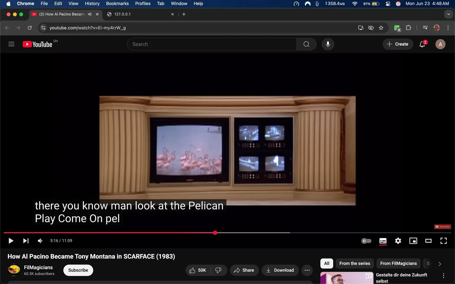 The image shows a scene from a video, likely a film analysis or commentary, featuring a television set and multiple smaller screens. The main television screen displays a scene with several flamingos in a body of water, suggesting a tropical or natural setting. The smaller screens to the right appear to show various surveillance or monitoring feeds, although the content is not clearly visible.

The television and screens are housed within a decorative structure that has a classical design, featuring fluted columns on either side. The overall color scheme is muted, with a beige or light-colored finish on the furniture. The background is dark, which contrasts with the lighter tones of the television setup.

At the bottom of the image, there are subtitles that read: "there you know man look at the Pelican Play Come On pel," indicating dialogue or commentary related to the scene being shown. The video is part of a YouTube presentation titled "How Al Pacino Became Tony Montana in SCARFACE (1983)," which suggests that the content is related to the film "Scarface," released in 1983.

The YouTube interface is visible at the bottom, showing options to subscribe, share, and download, along with the view count of 50K. The video is currently at the 5:16 mark of an 11:09 total duration. The video is hosted by a channel named "FilMagicians," which has 60.3K subscribers.

No people are visible in the image, and there are no identifiable logos or brands other than the YouTube interface itself. The setting appears to be a digital environment, likely a screen capture from a video player.