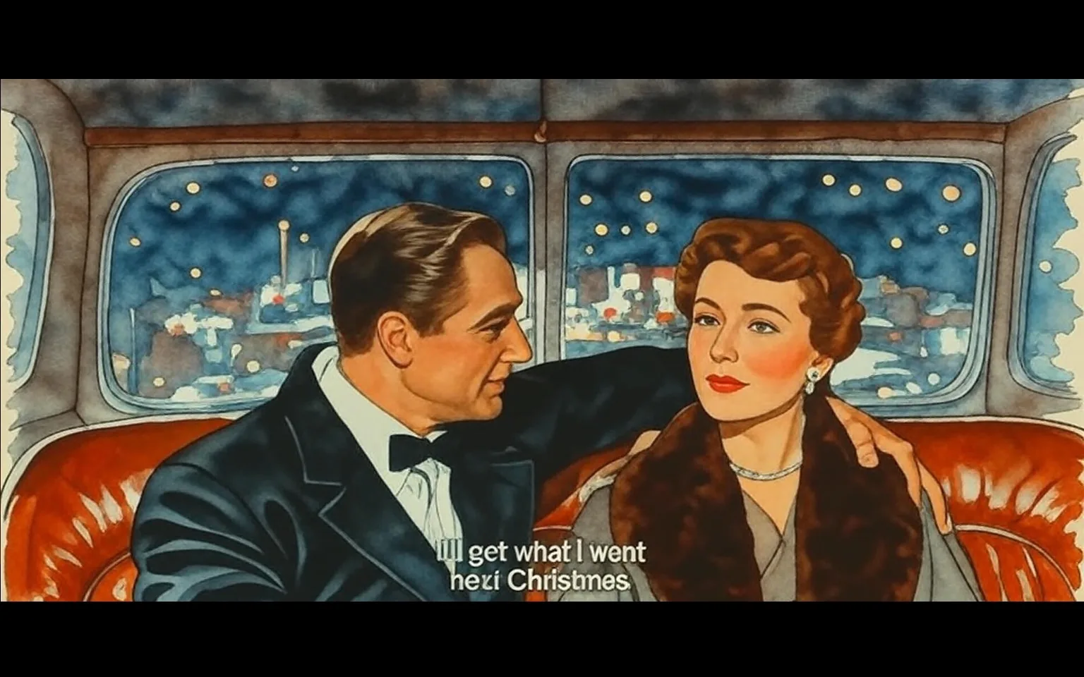 The image depicts two individuals seated in the back of a car. The interior of the car is luxurious, featuring a rich brown leather seat. The lighting is dim, with a soft glow illuminating the subjects, while the background shows a blurred cityscape through the car window, indicating nighttime with lights from buildings and vehicles.

On the left, a man is dressed in a classic black tuxedo with a white dress shirt and a black bow tie. He has short, neatly styled hair and is leaning slightly toward the woman beside him. His expression appears attentive as he looks at her.

On the right, a woman is wearing a sophisticated outfit, which includes a light-colored dress and a dark fur stole draped around her shoulders. She has short, curly red hair and is adorned with a pearl necklace and matching earrings. Her facial expression is calm and composed, as she gazes at the man.

The visible text in the image reads: "I'll get what I want next Christmas." This text appears in white font at the bottom of the image, indicating it may be a subtitle or dialogue from the scene.

The overall setting suggests an intimate conversation taking place in a private vehicle, with the city lights providing a backdrop that enhances the atmosphere of the scene. There are no visible brands, logos, or trademarks in the image. The focus remains on the two individuals and their interaction within the car environment.