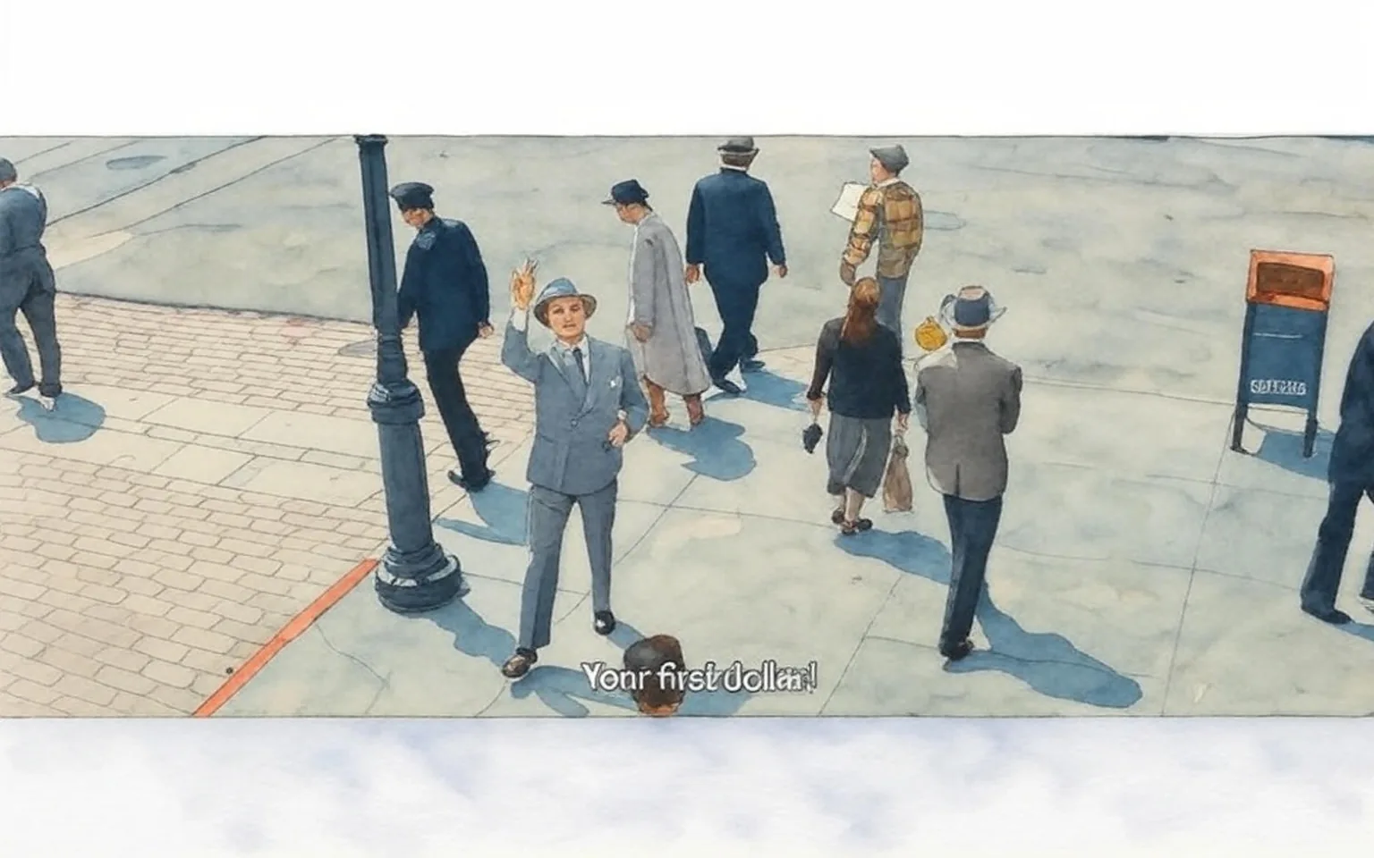 The image depicts a bustling street scene with several people walking in various directions. In the foreground, a man stands prominently, wearing a light gray suit and a light-colored fedora hat. He has a confident posture, raising his right hand, which holds what appears to be a dollar bill, while his left hand is positioned at his waist. His facial expression is animated, suggesting he is trying to attract attention, possibly to promote something.

Surrounding him are several other individuals. To his left, a man in a dark suit and a police officer's cap walks past, while another man in a gray suit follows closely behind. A woman in a long, light-colored coat and a black hat walks in the opposite direction, and a man in a plaid shirt and a cap is seen further back, holding a sign or paper. A woman in a dark outfit carries a handbag and walks alongside another man in a light-colored suit.

In the background, the street is paved with cobblestones, and there are several lampposts. A blue mailbox with the label "U.S. MAIL" is visible on the right side of the image. The setting appears to be a city street, likely in a historical context, given the clothing styles of the individuals. The overall atmosphere suggests a busy urban environment, possibly during a promotional event or a market day, indicated by the man's enthusiastic gesture and the presence of pedestrians. 

No specific brands, logos, or trademarks are visible in the image aside from the mailbox. The text "Your first dollar!" is prominently displayed at the bottom of the image, indicating the man's message or promotion. The scene captures a moment of interaction in a lively public space.