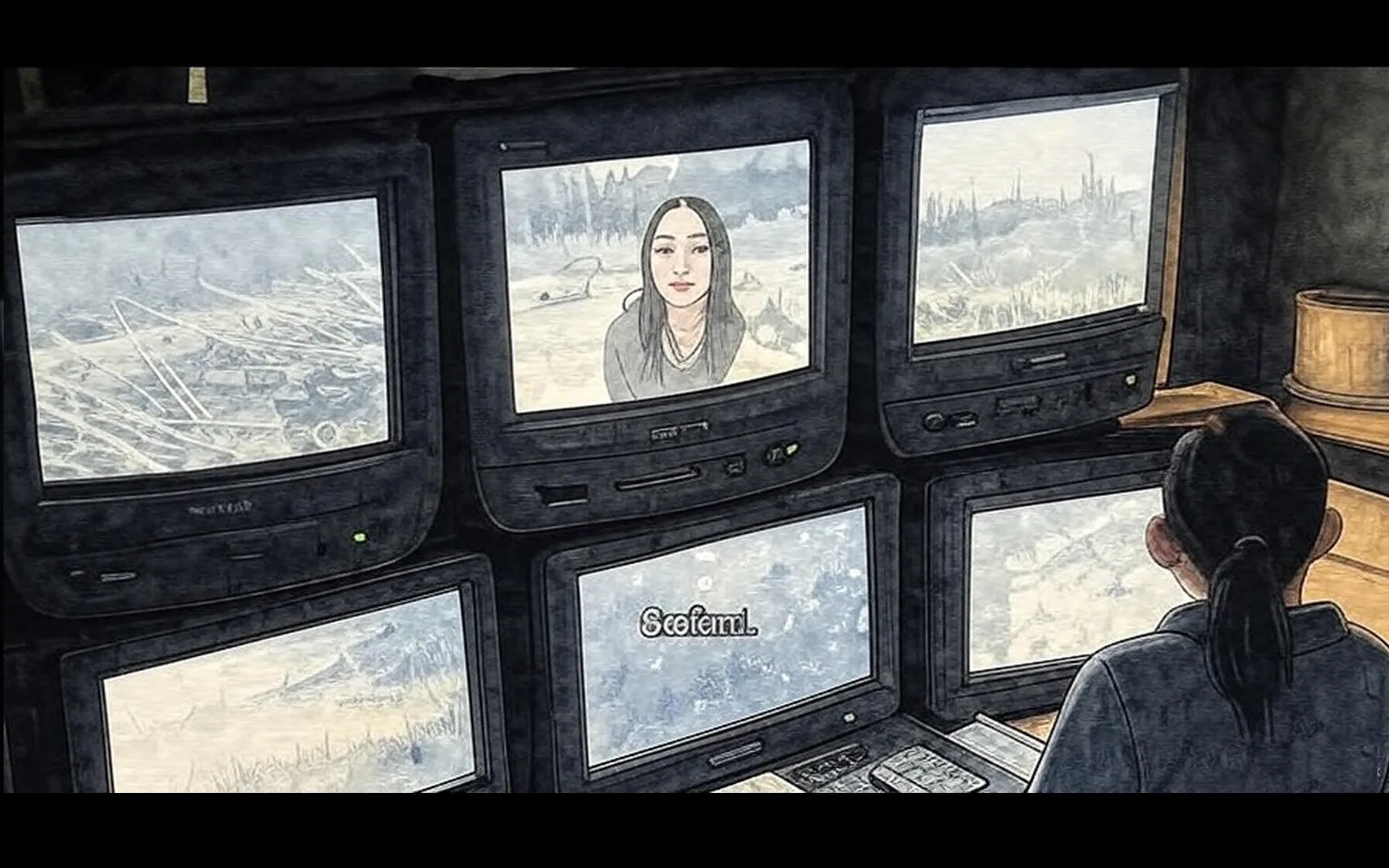 The image features a series of four small, boxy television monitors arranged in a stack, displaying black-and-white footage. The screens show various scenes, with one prominently featuring a woman who appears to be speaking directly to the camera. She has long, dark hair and is wearing a dark jacket over a lighter top. Her expression is serious, and she appears to be in a natural outdoor setting, with trees and a vehicle visible in the background of her screen.

The other monitors display different scenes, including what looks like a landscape with scattered logs and tires, suggesting a possibly abandoned or rural area. The screens are slightly grainy, typical of older surveillance or low-quality video footage. 

In the foreground, a hand is visible holding a small black device, possibly a remote or a walkie-talkie, indicating that the person is interacting with the monitors. The text "Stefani" is displayed at the bottom of the image, likely indicating the name of the woman on the screen.

The overall setting appears dimly lit, with a focus on the monitors, which are the primary source of light in the scene. The background is somewhat obscured, but hints of a cluttered environment can be seen, possibly suggesting a makeshift control room or a similar space. The atmosphere is tense, as indicated by the woman's expression and the context of the video feeds.