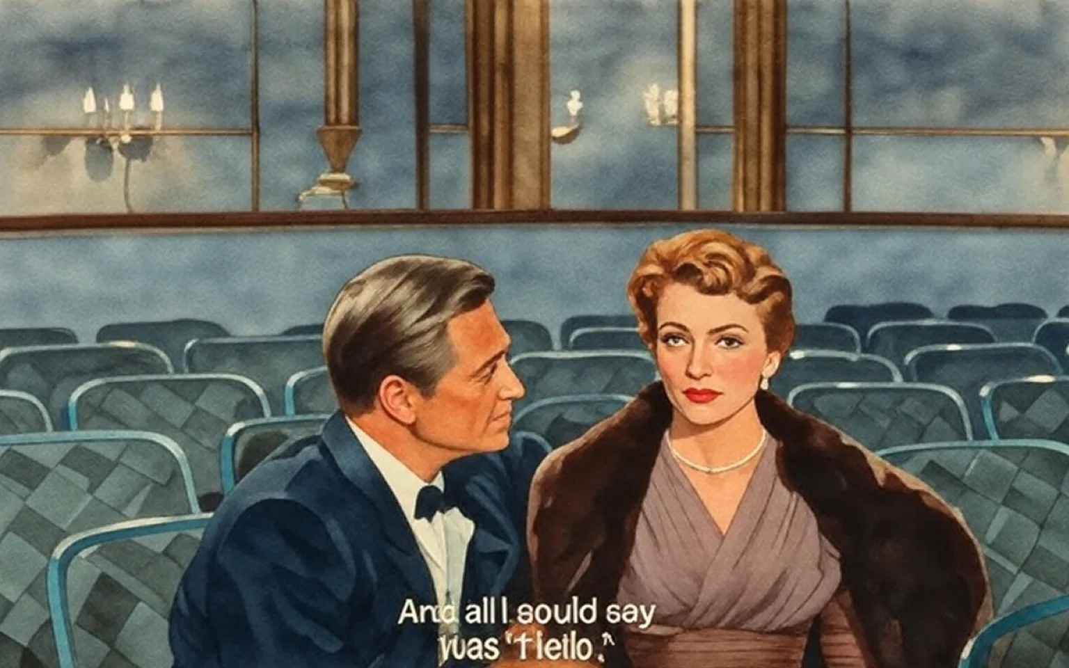 The image depicts a scene set in a theater. In the foreground, two individuals are seated in plush theater chairs. 

**Text:** The visible text in the image is a subtitle that reads: "And all I could say was 'Hello.'"

**People:** 
1. **Man:** 
   - He is wearing a classic black tuxedo with a white dress shirt and a black bow tie. 
   - His hair is neatly styled, appearing slicked back. 
   - He is looking at the woman beside him, with a slight smile on his face.

2. **Woman:** 
   - She has short, curly red hair and is wearing a gray dress with a deep neckline. 
   - Over her shoulders, she has a dark fur stole or wrap. 
   - She is adorned with a pearl necklace and earrings, giving her a sophisticated appearance. 
   - Her expression appears serious or contemplative as she looks ahead.

**Setting:** 
- The background features rows of empty theater seats, which are upholstered in a patterned fabric with a teal or turquoise trim. 
- The walls of the theater are painted in a light color, and there are decorative elements, such as wall sconces or artwork, visible in the background. 
- The overall ambiance suggests a formal or upscale event, likely a performance or movie screening.

**Environmental Context:** 
- The lighting is soft, contributing to a warm atmosphere. 
- The focus is primarily on the two individuals in the foreground, with the empty seats indicating that the theater is not currently filled with an audience.

Overall, the image captures a moment of interaction between the two characters in a classic theater setting, emphasizing their attire and the elegant environment.