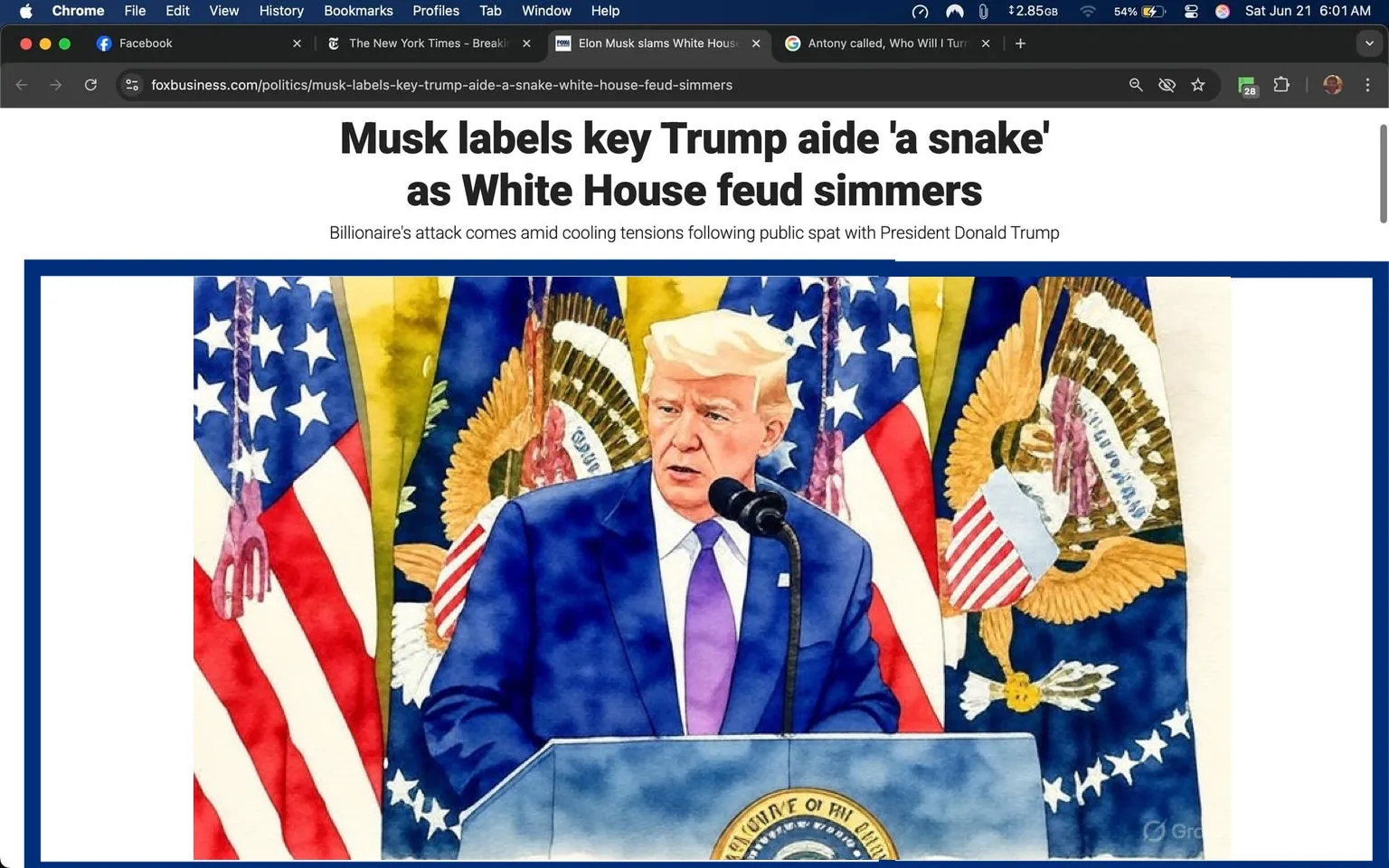 The image features a news article from Fox Business, with the headline "Musk labels key Trump aide 'a snake' as White House feud simmers." The article is authored by Eric Revell. Below the headline, there is a subheading that states, "Billionaire's attack comes amid cooling tensions following public spat with President Donald Trump."

In the center of the image, there is a photograph of a man speaking at a podium. He appears to be Donald Trump, identifiable by his hairstyle and facial features. He is wearing a dark suit with a light blue tie and a white shirt. His expression is serious, and he is looking slightly to his left while speaking into a microphone positioned in front of him. 

The background consists of multiple American flags and a large presidential seal, indicating that this event is taking place in a formal setting, likely within the White House or a similar official venue. The flags are arranged in a way that they frame the speaker, adding to the formal atmosphere of the scene.

On the right side of the image, there are stock market quotes displayed, showing various indices such as the Dow Jones Averages, NASDAQ Composite Index, and S&P 500. Each index has corresponding numerical values and indicators of performance, with some values highlighted in green and others in red, indicating changes in stock prices.

At the bottom right corner, there is a section titled "Get Our Newsletter," inviting readers to subscribe for updates. The overall layout of the article includes a mix of text and visual elements, with the photograph taking a prominent position above the article's content.

The image is set against a digital backdrop, with a browser interface visible at the top, indicating that this is a screenshot from a web page. The time displayed in the top right corner shows 6:01 AM on June 21, suggesting the date and time the screenshot was taken. The battery and Wi-Fi indicators are also visible, indicating the device's status.
