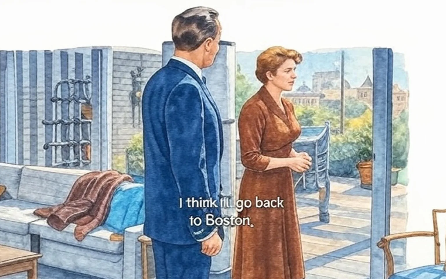 The image depicts an indoor scene featuring two individuals engaged in conversation. 

**Readable Text:**
- The text displayed at the bottom of the image reads: "I think I'll go back to Boston."

**People:**
1. **Person on the Left:**
   - Gender: Male
   - Hair: Light-colored, neatly styled.
   - Clothing: He is wearing a dark suit with a white shirt and a tie. The suit appears formal and well-tailored.
   - Position: He is standing slightly turned towards the right, facing the woman, with a neutral expression.

2. **Person on the Right:**
   - Gender: Female
   - Hair: Curly, medium-length, and light-colored.
   - Clothing: She is dressed in a brown dress that appears to be knee-length, with long sleeves. The dress has a modest design.
   - Position: She is standing with her hands clasped together in front of her, slightly leaning forward, suggesting engagement in the conversation.

**Setting:**
- The background features large glass windows that provide a view of a cityscape, with several tall buildings visible, indicating an urban environment.
- The interior has a modern aesthetic, with a light-colored brick wall and a stone wall on the right side.
- There is a couch in the foreground, covered with a brown and blue throw blanket, and a few colorful cushions (yellow and blue) are visible.
- A lamp is positioned next to the male figure, and there are decorative elements such as a wall sculpture and potted plants in the background.
- The floor appears to be a polished surface, reflecting some light, contributing to a bright atmosphere.

Overall, the scene conveys a domestic or casual setting, likely within a living room or lounge area, characterized by modern decor and an urban backdrop.