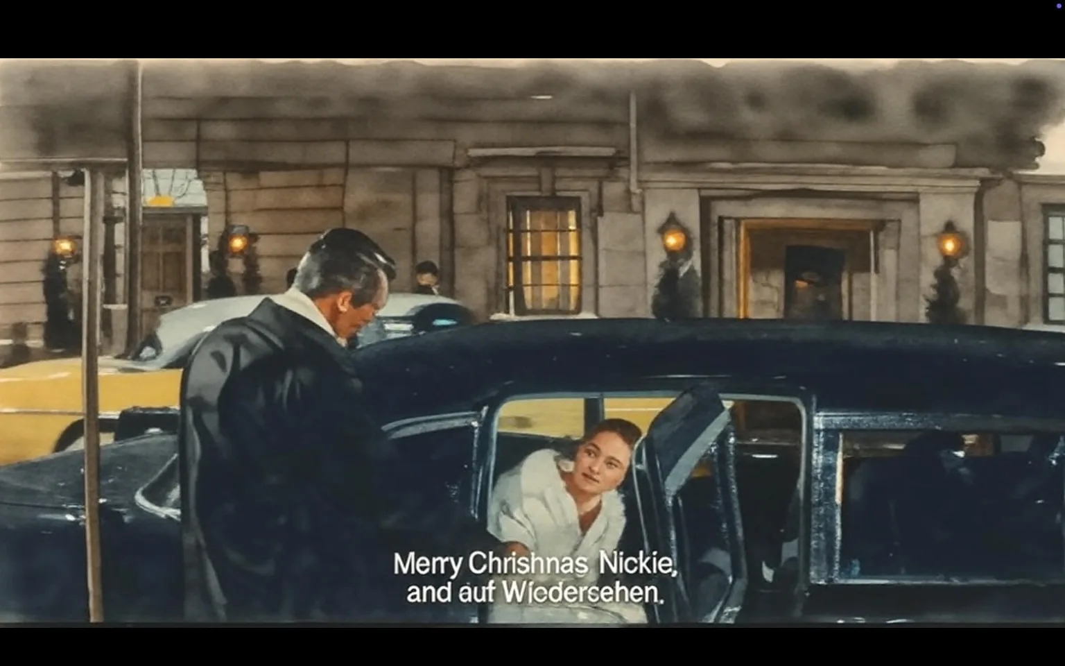 The image depicts a scene set outside a building, likely a hotel or upscale venue, during nighttime. The architecture of the building features a large entrance with a double door, flanked by two lanterns that provide soft lighting. There are decorative elements, including small trees or shrubs on either side of the entrance, suggesting a well-maintained exterior.

In the foreground, a black car, possibly a vintage limousine, is parked with its door open. The car has a shiny exterior, reflecting the surrounding lights. The weather appears to be cold, as there is a slight sheen on the car's surface, indicating moisture, possibly from rain or snow.

Inside the car, a woman is seated, partially turned towards the open door. She is wearing a white fur coat, which appears luxurious and is complemented by a light-colored blouse underneath. Her hair is styled neatly, and she has a subtle smile on her face, suggesting a friendly demeanor. She is looking at the man standing outside the car.

The man, dressed in a formal black suit with a white shirt and a black tie, is leaning slightly towards the woman. He has short, slicked-back hair and is looking at her as he speaks. His expression is neutral, but he appears engaged in the conversation.

The text displayed at the bottom of the image reads: "Merry Christmas, Nickie, and auf Wiedersehen." This suggests a festive context, likely around the Christmas holiday. The language used indicates a mix of English and German, with "auf Wiedersehen" meaning "goodbye" in German.

In the background, there are blurred figures of people walking, and a yellow taxi can be seen passing by, indicating a bustling urban environment. The overall atmosphere is one of elegance and formality, typical of a holiday gathering or farewell.