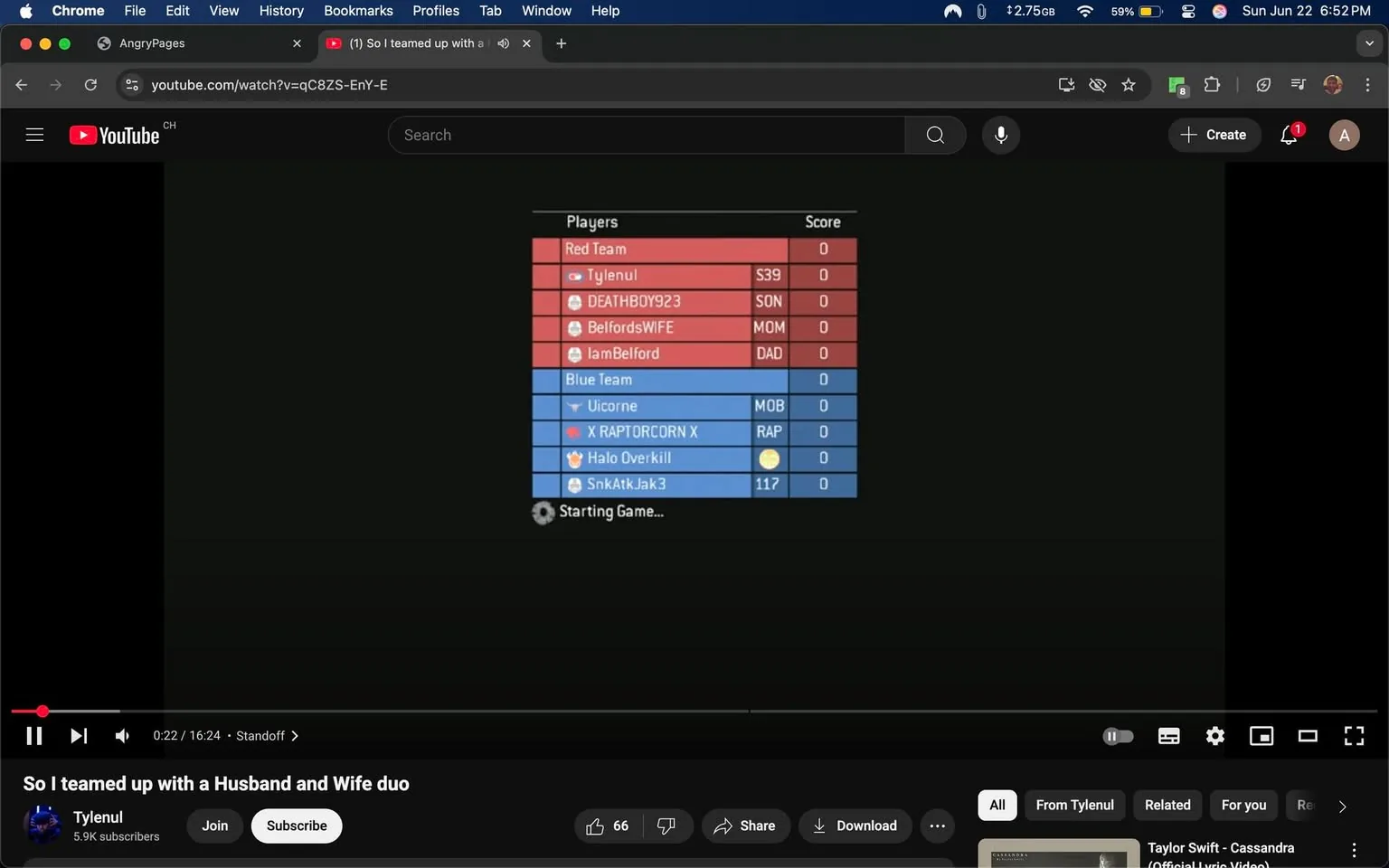 The image displays a screenshot from a YouTube video titled "So I teamed up with a Husband and Wife duo," uploaded by a user named Tylenul, who has 5.9K subscribers. The video is currently at 22 seconds into a 16-minute and 24-second runtime. 

In the center of the image, there is a scoreboard for a game, divided into two teams: Red Team and Blue Team. The Red Team consists of four players: 
1. Tylenul (S39)
2. DEATHBOY923 (SON)
3. BelfordsWIFE (MOM)
4. IamBelford (DAD)

Each player has a score of 0.

The Blue Team also has four players:
1. Uicorne (MOB)
2. X RAPTORCORN X (RAP)
3. Halo Overkill (unknown designation)
4. SnkAtkJak3 (117)

Similar to the Red Team, all players on the Blue Team have a score of 0.

The scoreboard is presented in a rectangular format with a red background for the Red Team and a blue background for the Blue Team. The text is white, clearly legible against the colored backgrounds. Below the scoreboard, there is a loading icon indicating the game is about to start, with the text "Starting Game..." displayed.

The video player interface is visible at the bottom of the image, showing options to join, subscribe, share, and download. There are also icons indicating the number of likes (66) and a comment section.

The background of the image is predominantly black, which is typical for gaming interfaces, creating a contrast with the scoreboard. The top of the image shows the YouTube interface, including the search bar and channel name, along with a notification icon indicating one new notification.

Overall, the image captures a gaming session setup, focusing on the scoreboard and video player interface, with no visible people or additional environmental context.