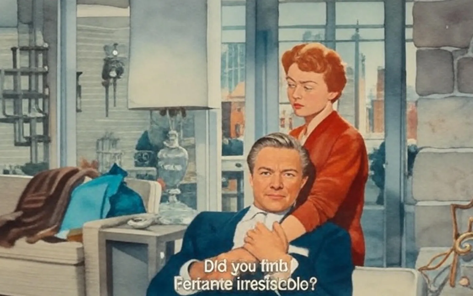 The image depicts a scene from a film, featuring two characters in a domestic setting. 

**Readable Text:**
- The visible text at the bottom of the image reads: "Did you find Ferrante irresistible?"

**People:**
- **Character 1 (Man):** 
  - He is seated on a light-colored sofa, wearing a dark suit with a white shirt and a tie. His hair is styled back, and he has a serious expression on his face. He appears to be in a relaxed posture, with his left arm resting on his lap and his right hand holding a piece of paper or fabric.
  
- **Character 2 (Woman):**
  - She stands behind the man, with her hands resting on his shoulders. She has short, curly hair that is a reddish-brown color. She is wearing a brown sweater or top. Her facial expression appears contemplative or serious, and she is looking down towards the man.

**Setting:**
- The background features large windows that provide a view of a cityscape, suggesting an urban environment. The architecture visible through the windows includes tall buildings, indicative of a metropolitan area.
- The interior is designed with a modern aesthetic. The sofa is light-colored, and there are various decorative items in the room, including a large lamp on a side table and a glass vase. 
- A colorful throw blanket in shades of brown and teal is draped over the sofa, along with a blue cushion. There is also a small table with a glass top and a decorative chair with a gold frame visible in the foreground.

**Environmental Context:**
- The setting appears to be a living room or lounge area, characterized by its modern furnishings and urban view. The overall atmosphere suggests a comfortable yet sophisticated space.

The image captures a moment of dialogue between the two characters, with a focus on their expressions and the surrounding decor.