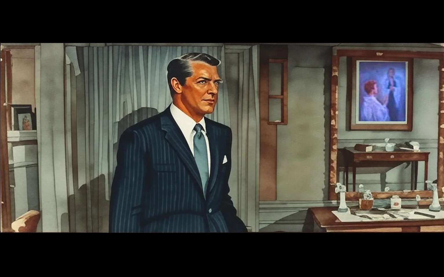 The image depicts a man standing in a room, appearing to be in a moment of contemplation or concern. He is dressed in a dark pinstriped suit with a white dress shirt and a light-colored tie. His hair is neatly styled, and he has a serious expression on his face, suggesting he is deep in thought or facing a challenging situation.

In the background, there is a wooden wall that appears to be a door or paneling, which is light-colored and textured. To the right, there is a framed painting on the wall, featuring a woman in a light-colored dress, possibly in a historical or formal setting. The painting is surrounded by an ornate gold frame, adding to the elegance of the room.

The setting includes a wooden table in the foreground, which is set for a meal. On the table, there are several items: a white tablecloth, silver cutlery, glassware, and a small dish that appears to contain a condiment or sauce. The table is neatly arranged, indicating a formal dining setup.

In the background, there is a piece of furniture, possibly a side table or console, which holds a few books and additional decorative items. The overall color palette of the room is warm, with soft lighting that enhances the inviting atmosphere.

No readable text, logos, or trademarks are visible in the image. The focus remains on the man and the surrounding decor, which conveys a sense of sophistication and formality. The scene appears to be set in a residential or upscale environment, possibly a dining room or a parlor.