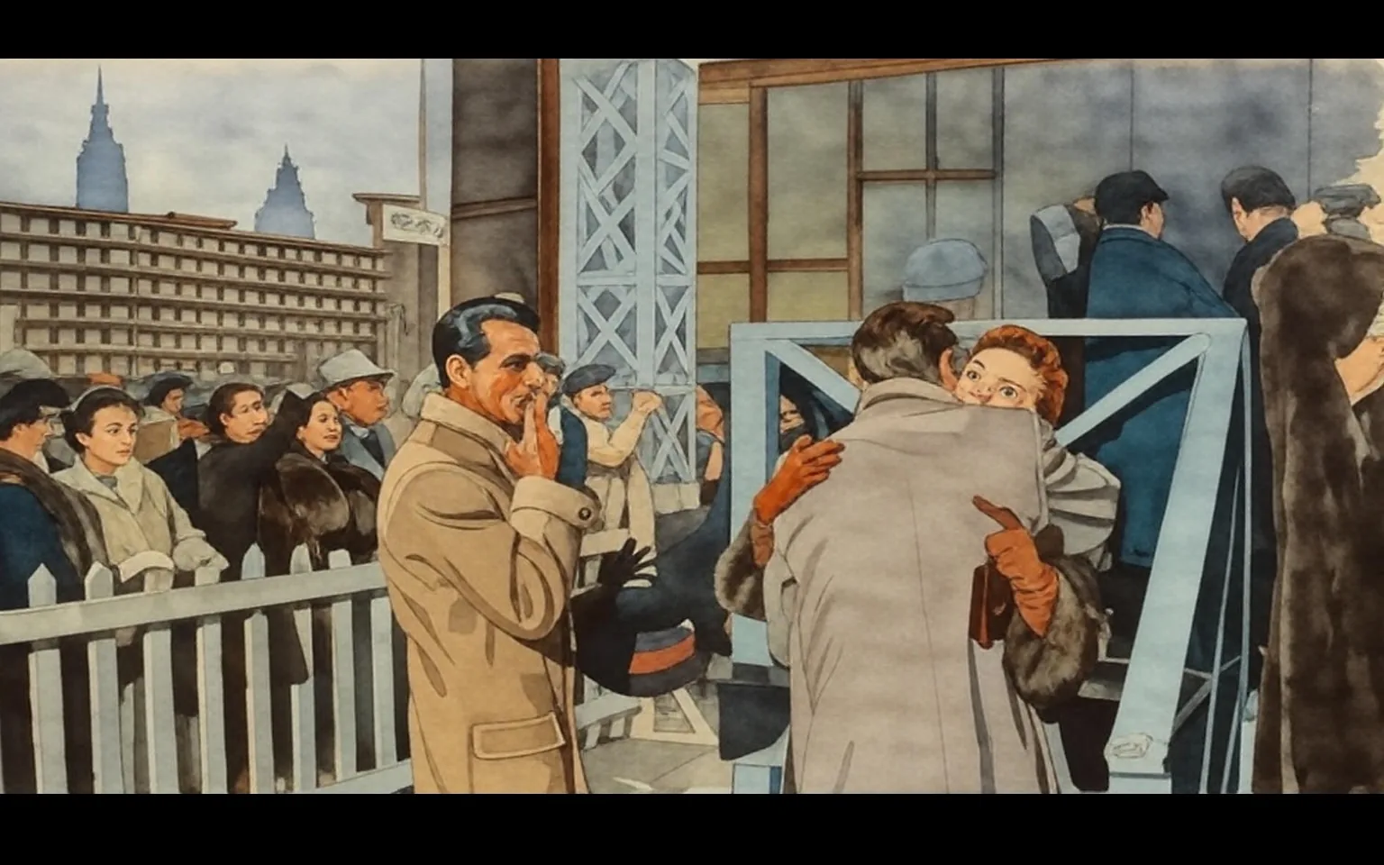 The image depicts a scene set in a crowded environment, likely an outdoor event or gathering. In the foreground, a man dressed in a light-colored coat stands to the left. He has dark hair and is holding a cigarette between his fingers, appearing contemplative. His facial expression is serious, and he is looking towards the right side of the image.

To the right, a couple is engaged in an embrace. The man, wearing a light gray coat, has his back to the viewer, while the woman, who has short, curly red hair, is facing the camera. She is wearing a dark coat and brown gloves, and her expression appears to convey affection or longing as she looks up at the man. The man’s arm is around her, suggesting a close relationship.

In the background, a crowd of people is visible, with various individuals dressed in coats and hats typical of a mid-20th-century setting. Some people are smiling or waving, indicating a lively atmosphere. A few women in the crowd are wearing fur coats, while others have hats adorned with decorative elements. 

The setting features a wooden fence in the foreground, with a blue structure behind it, possibly a stage or platform. The background includes a building with a grid-like structure, suggesting a fair or public event. There are no visible logos, trademarks, or readable text in the image. The overall color palette is vibrant, with a mix of warm and cool tones, contributing to a dynamic visual composition.