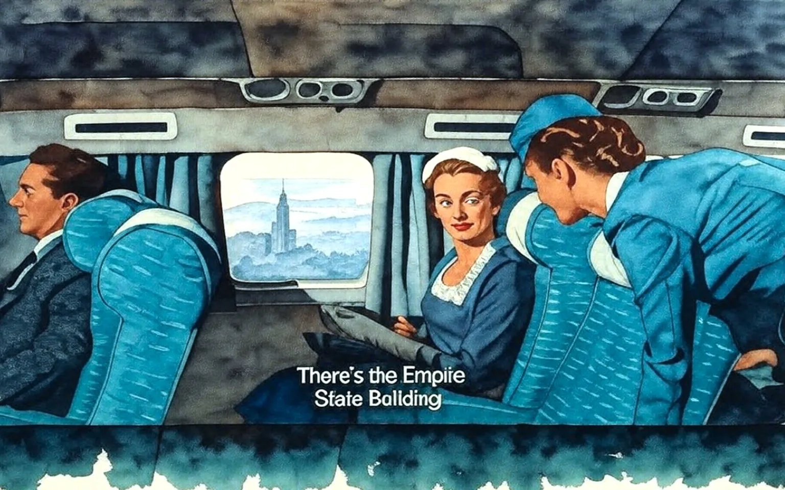 The image depicts an interior scene from an airplane. The setting is characterized by a row of blue airplane seats, which have a textured pattern. The seats are arranged in a two-by-two configuration, with a window visible on the right side of the image. The window shows a view of a cityscape, with a notable structure that is identified as the Empire State Building, as indicated by the text overlay at the bottom of the image.

In the foreground, there are three individuals seated in the airplane. On the left, a man is seated, wearing a dark suit with a light-colored shirt and a tie. He has dark hair and appears to be resting or looking away from the camera, with a neutral expression on his face.

In the center, a woman is seated, dressed in a gray outfit with a white collar and a matching headband. She has light-colored hair styled in soft waves and is wearing gloves. Her expression is attentive and engaged, as she looks towards the right side of the image, where a flight attendant is standing.

The flight attendant, positioned on the right, is wearing a blue uniform with a matching hat. She has her hair styled in a bun and is leaning slightly towards the woman in the center, possibly speaking to her. The flight attendant's expression appears friendly and professional.

The background features airplane windows with curtains drawn to the side, revealing the cityscape outside. The overall atmosphere suggests a moment of interaction between the passengers and the flight attendant, with the city view providing context to their conversation. The text overlay at the bottom reads, "There's the Empire State Building," indicating the subject of their discussion.