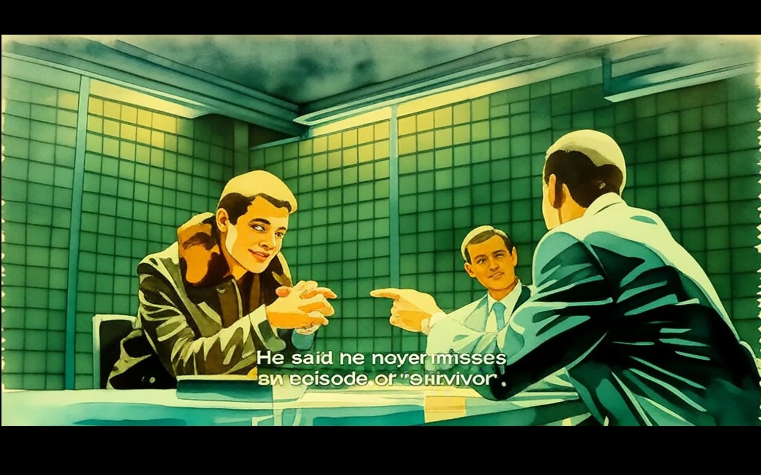 In the image, three men are seated around a glass table in a dimly lit interrogation room. The walls are covered with a textured green paneling, creating a tense atmosphere. 

The man on the left, dressed in a shiny black leather jacket with a fur collar, has a smirk on his face, suggesting a sense of confidence or defiance. His hands are clasped together, and he leans slightly forward, indicating engagement in the conversation. His hair is dark and slightly tousled, adding to his edgy appearance.

The man in the middle, wearing a light gray suit and a blue tie, appears to be listening intently. His expression is neutral but curious, with a slight furrow in his brow. He maintains eye contact with the man in the leather jacket, suggesting he is trying to gauge his demeanor.

The third man, dressed in a dark suit, is pointing at the leather-clad man while speaking. His body language is assertive, with a serious expression that conveys authority or frustration. The contrast between his serious demeanor and the relaxed posture of the man in the leather jacket creates a palpable tension in the room.

The caption at the bottom reads, "He said he never misses an episode of 'Survivor'," which adds a layer of irony to the scene, hinting at a casual attitude in a serious context. This juxtaposition may suggest that the man in the leather jacket is either dismissive of the situation or using humor to deflect the gravity of the interrogation.

Overall, the mood is charged, with a clear power dynamic at play. The arrangement of the men around the table emphasizes the confrontation, with the leather-clad man positioned as the focal point, drawing attention to his nonchalant attitude amidst the serious interrogation. The setting and expressions contribute to a narrative of conflict, authority, and the psychological games often played in high-stakes situations.