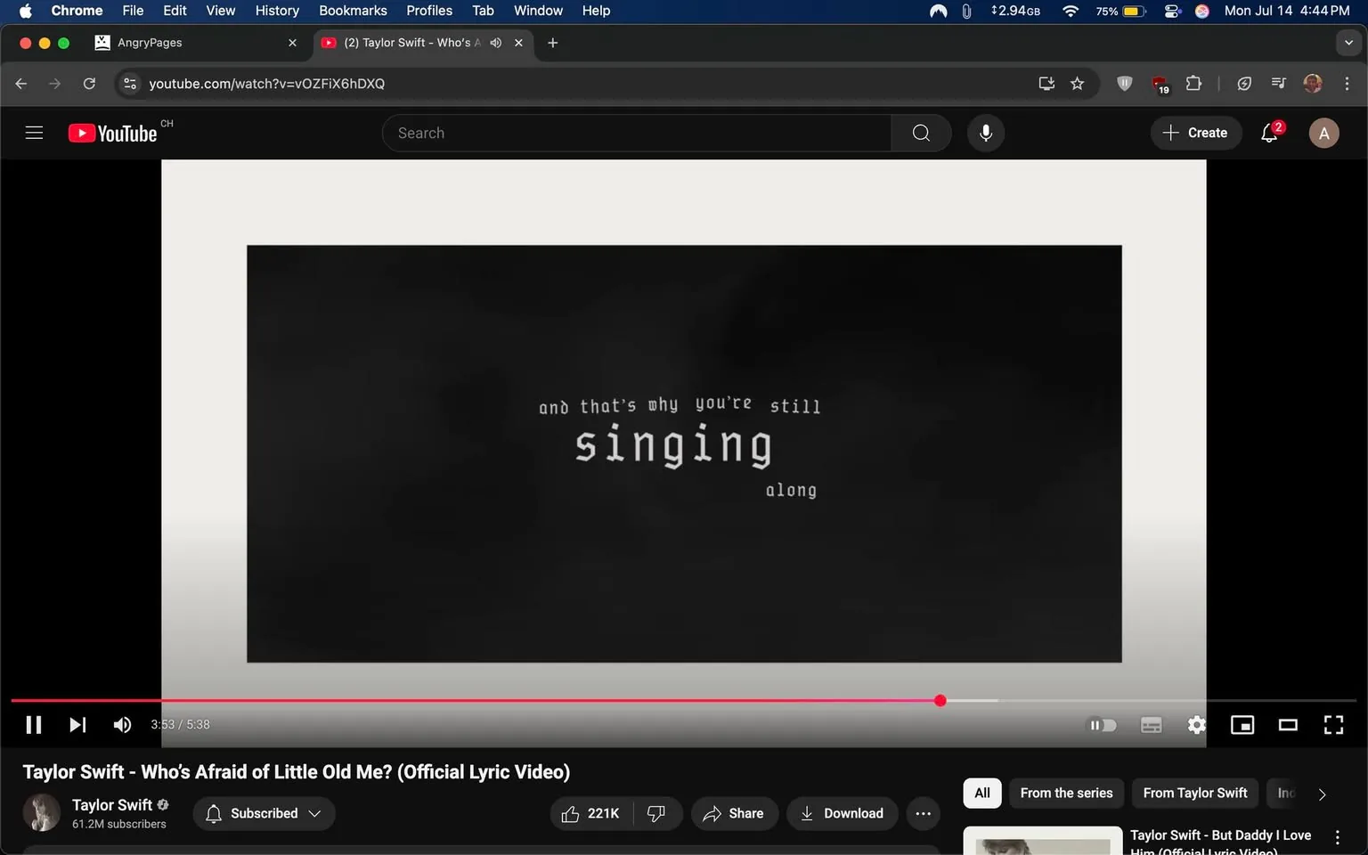 The image displays a still from a YouTube lyric video for Taylor Swift's song "Who's Afraid of Little Old Me?" The background is predominantly black with a smoky texture, creating a dramatic atmosphere. Centered in the frame, the text reads: "and that's why you're still singing along," with the word "singing" emphasized in a larger, bold font. The text is white, contrasting sharply against the dark background, enhancing readability.

At the bottom, the video player interface is visible, showing the playhead at 3:53 of a 5:38 duration. Below the video, the channel name "Taylor Swift" is displayed, along with a subscriber count of 61.2 million. There are options to share or download the video, indicating engagement features typical of YouTube. The overall tone is reflective and nostalgic, suggesting themes of connection and shared experiences through music. The absence of any people or facial expressions focuses attention solely on the lyrical content and visual presentation.