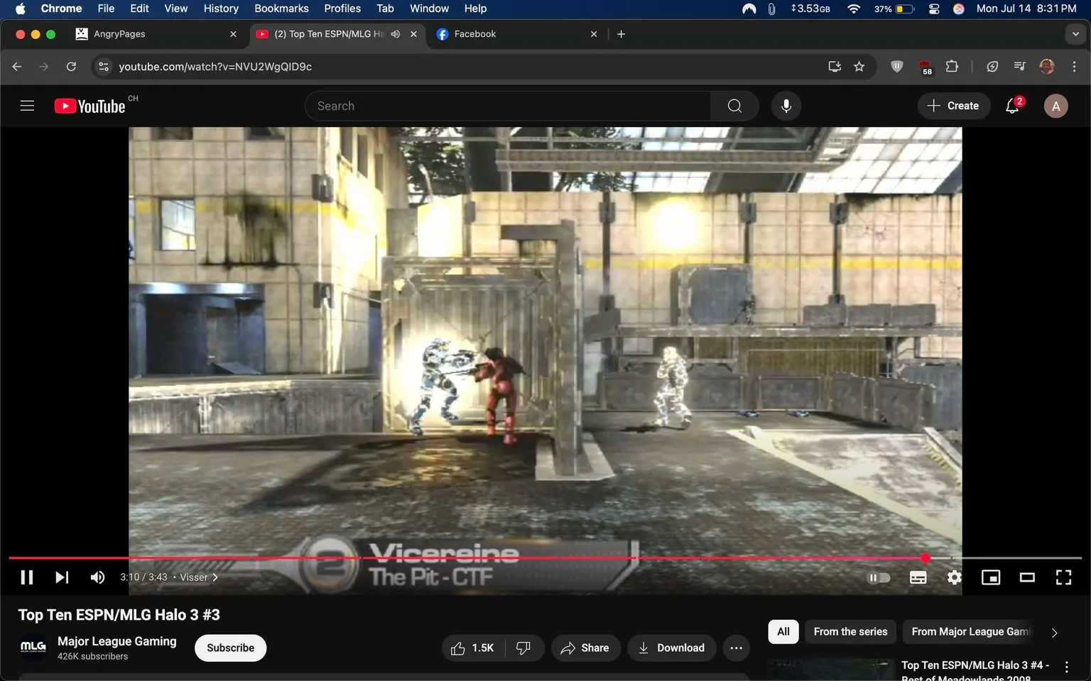 - subjects: two armored characters, one in red, one in blue, a gray container, a gray background  
- actions: red character engaging with blue character, blue character appearing to attack, white character in background observing  
- context: YouTube video player interface, "Top Ten ESPN/MLG Halo 3 #3" title, "The Pit - CTF" text, Major League Gaming logo  
- risks: simulated violence, competitive gaming context  
- mood: intense, competitive, dynamic, focused