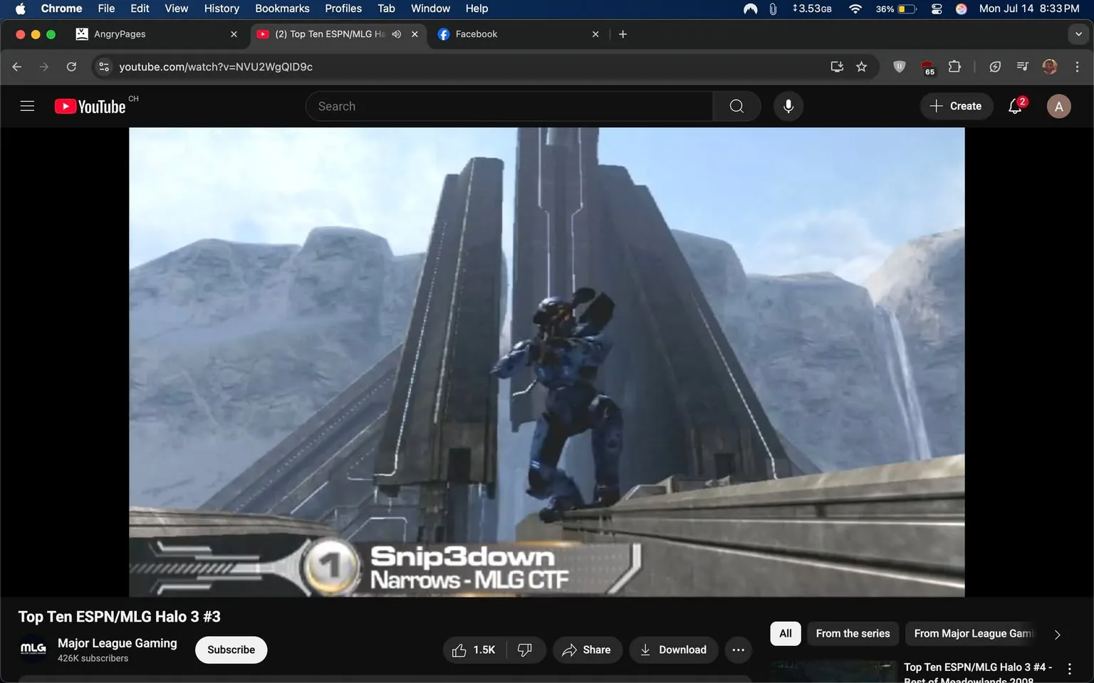 - subjects: armored character, futuristic architecture, mountains  
- actions: character standing, aiming weapon, looking forward  
- context: YouTube interface, "Top Ten ESPN/MLG Halo 3 #3" title, "Snip3down" text, "Narrows - MLG CTF" label, Major League Gaming logo  
- risks: none  
- mood: competitive, intense, focused