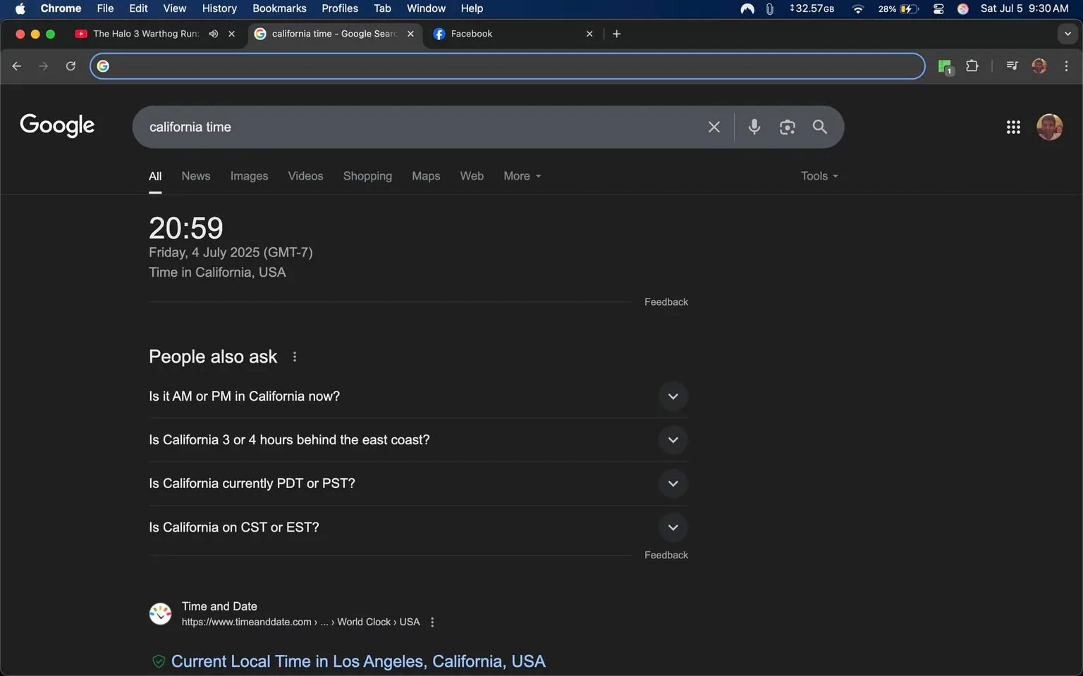 The image displays a Google search page showing the current time in California. The time reads 20:59 on Friday, July 4, 2025, with a note indicating the time zone as GMT-7. Below the time, there are several questions listed under "People also ask," including inquiries about whether it's AM or PM, California's time difference from the East Coast, and whether California is currently in PDT or PST.

The overall layout is dark-themed, typical of a night mode interface, with a search bar at the top and various links and options for further information. The tone is straightforward and informative, focusing on providing quick answers to common questions about California's time zone. The focal point is the time display, emphasizing its relevance to the search query.