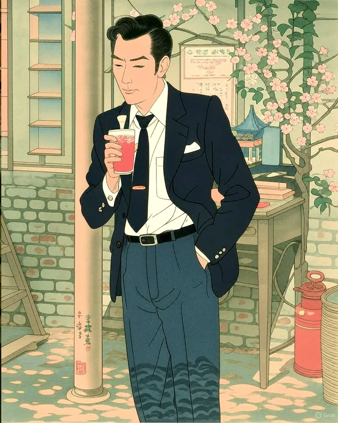 In the image, a man leans casually against a metal pole in a dimly lit basement. He wears a black suit with a white dress shirt, the tie slightly loosened, suggesting a relaxed yet stylish demeanor. His hair is dark and styled in soft waves. He holds a striped cup, possibly a drink, close to his mouth, appearing contemplative or pensive.

The background features exposed brick walls, adding a rustic feel, and there are hints of greenery, likely vines, creeping along the wall. A wooden ladder leans against the wall, and a black table is visible behind him, cluttered with various items, including what looks like a fire extinguisher and some paperwork. 

The overall mood is somewhat moody and introspective, with the lighting casting shadows that enhance the atmosphere. The man's posture and expression convey a sense of cool confidence mixed with contemplation. The scene feels like a moment of pause in a larger narrative, inviting curiosity about what might unfold next.