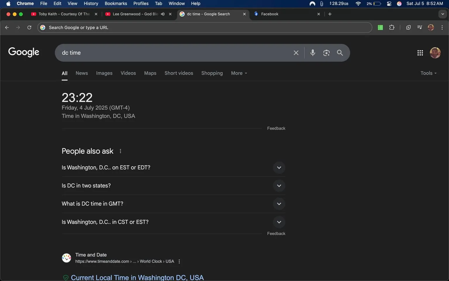 The image displays a Google search results page showing the current time in Washington, D.C. It reads "23:22" on Friday, July 4, 2025, with a note indicating the time zone as GMT-4. Below the time, there are several questions listed under "People also ask," including inquiries about Washington, D.C.'s time zone and its geographical status. 

The layout features a dark theme typical of Google’s interface, with a search bar at the top and various links and suggestions below. The overall tone is informative, focusing on providing quick access to time-related queries. The focal point is the displayed time and date, which is central to the search results.