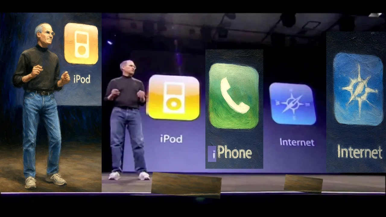 In this image, a man stands on stage, presenting to an audience. He is wearing a black turtleneck and blue jeans, with white sneakers. His posture is confident, with his hands gesturing as he speaks, indicating engagement and enthusiasm.

Behind him, a large screen displays three colorful icons: the first is an orange square with a white iPod symbol, the second is a green square with a white phone symbol, and the third is a blue square featuring a compass symbol, representing internet navigation. The background is dark, with soft lighting that highlights the speaker and the screen, creating a focused atmosphere.

The overall tone of the scene suggests a significant product announcement, likely aimed at showcasing innovation and excitement in technology. The arrangement emphasizes the speaker as the focal point, with the icons supporting the message being conveyed.