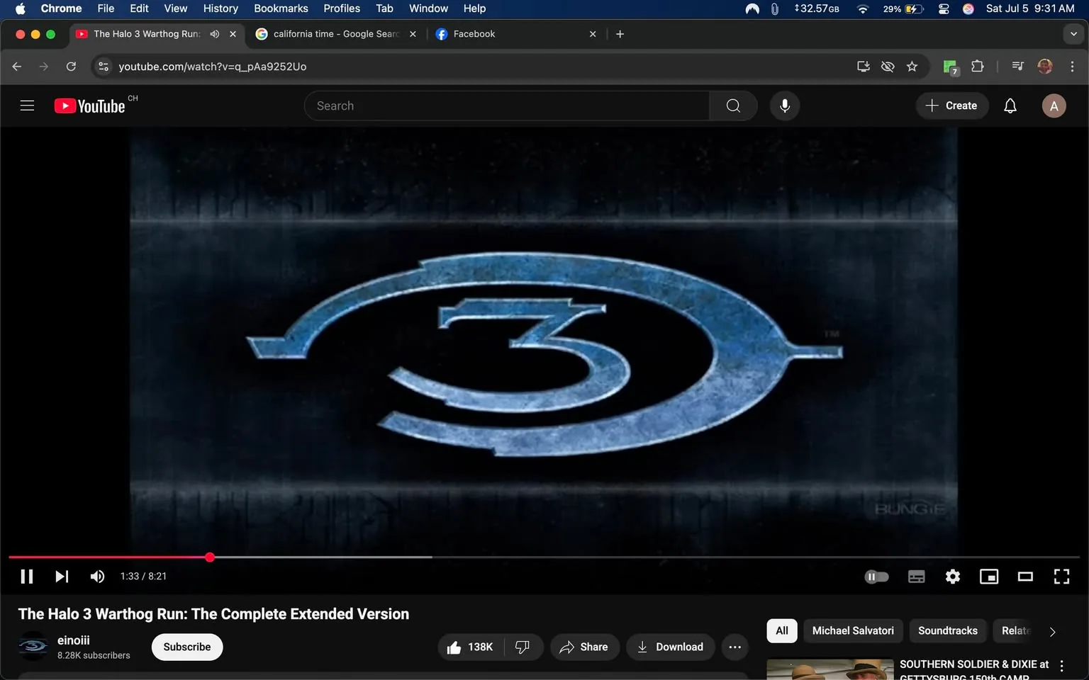 The image displays a YouTube video interface featuring the title "The Halo 3 Warthog Run: The Complete Extended Version." The video is currently at 1 minute and 33 seconds into an 8 minute and 21 second runtime. 

In the center, there is a prominent blue logo that resembles a stylized number "3" encircled by a curved line, indicative of the Halo franchise, which is known for its video games. The background is dark with a textured appearance, enhancing the logo's visibility. 

Below the video, there are options to subscribe, share, and download, along with viewer engagement metrics showing 138,000 likes. The channel name "einoiii" is displayed, indicating it has 8.28K subscribers. 

The overall tone of the image suggests a focus on gaming content, likely appealing to fans of the Halo series. The layout is typical for YouTube, emphasizing the video content and viewer interaction options.