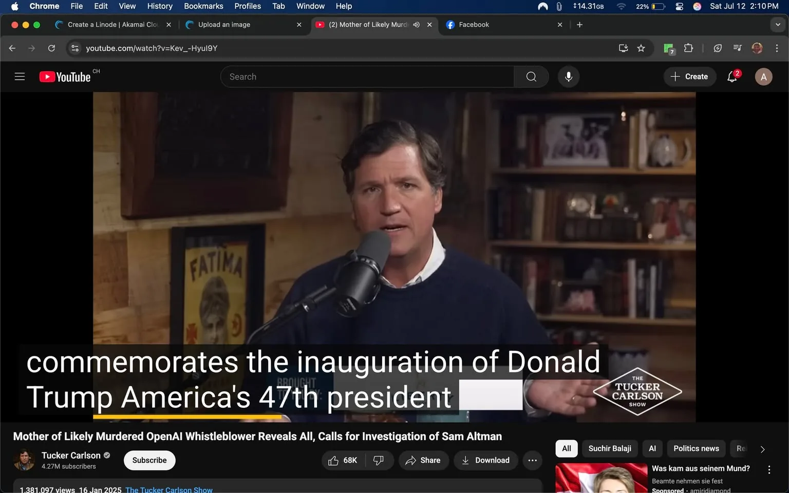 The image features a man speaking directly into a microphone, likely during a broadcast or recording. He has medium-length, wavy brown hair and is wearing a dark blue sweater over a white collared shirt. His expression appears serious and engaged, suggesting he is discussing a significant topic. The background consists of wooden paneling, giving a rustic feel, with various items visible on shelves, including books and framed photographs. One notable item is a poster with the word "FATIMA," which may reference a historical or cultural context.

Text overlays indicate that the segment commemorates the inauguration of Donald Trump as America's 47th president, suggesting a political theme. The tone of the image seems to convey a sense of importance or urgency, as the speaker gestures with his hands, possibly emphasizing a point or inviting the audience to consider his perspective.

The lower part of the image displays the title of the video, "Mother of Likely Murdered OpenAI Whistleblower Reveals All, Calls for Investigation of Sam Altman," which introduces a controversial subject matter. This title indicates a focus on serious allegations and potential political implications, likely aimed at stirring debate or concern among viewers.

The overall mood of the image is intense and focused, with the speaker's body language suggesting he is passionate about the topic. The arrangement of elements—his positioning in front of the microphone, the direct gaze towards the camera, and the cluttered yet organized background—creates a sense of intimacy and urgency, drawing viewers into the discussion.

This image may evoke varied reactions depending on the viewer's political beliefs, particularly regarding Trump and the allegations mentioned. The combination of the speaker's demeanor, the political context, and the controversial subject matter could trigger strong responses from different audience segments.