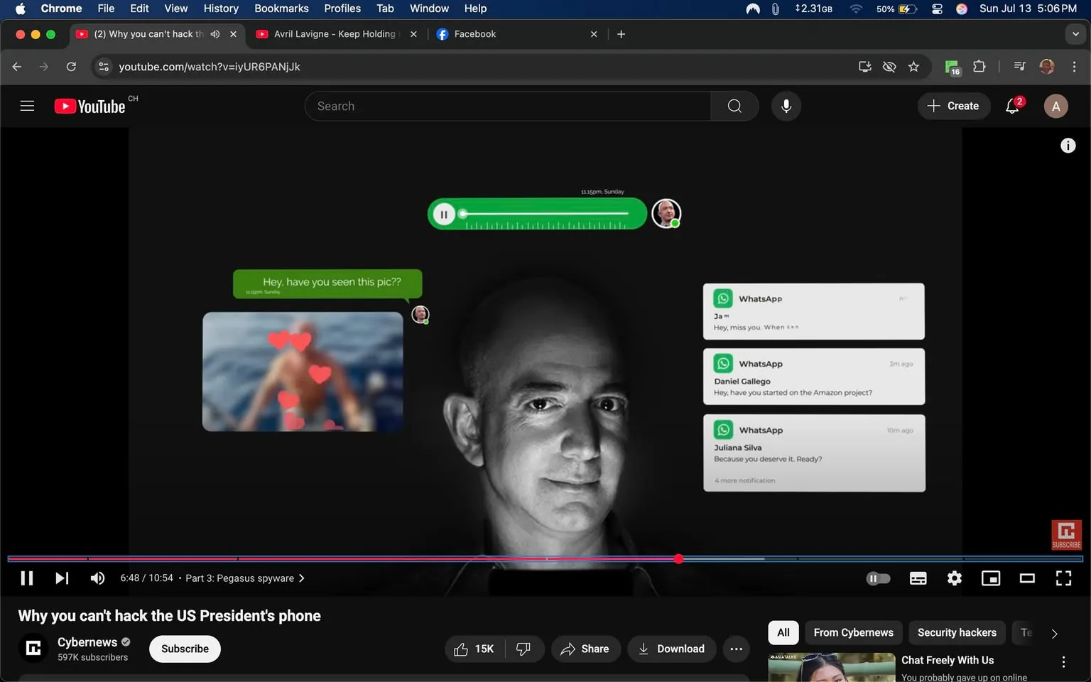 The image captures a scene from a YouTube video titled "Why you can't hack the US President's phone," produced by Cybernews, which has a subscriber count of 597K. The video is currently paused at the 6:48 mark, with a total length of 10:54. 

In the foreground, there is a close-up of a man’s face, partially illuminated, suggesting a serious or contemplative expression. His head is bald, and he has a slight smile that could indicate confidence or amusement. The background is dark, creating a stark contrast that emphasizes his facial features and expression. 

To the left, there’s a chat interface showing a message that reads, "Hey, have you seen this pic??" This message is timestamped at 11:16 PM on a Sunday. Below this text, there’s a blurred image of a person, presumably in a swimming context, with heart emojis surrounding them, hinting at a playful or affectionate tone in the conversation. 

On the right side of the screen, there are several WhatsApp notifications. The first one is from a contact named "Ja," saying, "Hey, miss you. When..." followed by two more messages from "Daniel Gallego" asking about an Amazon project, and "Juliana Silva" stating, "Because you deserve it? Ready?" These messages suggest a casual, friendly interaction among acquaintances or colleagues, possibly discussing personal matters or projects.

The overall tone of the image seems to blend intrigue and light-heartedness, with the juxtaposition of serious content about hacking and playful personal messages. The dark background and the illuminated face create a dramatic effect, drawing attention to the man's expression and the chat messages, which may imply a deeper narrative about privacy and personal relationships in the digital age.

The presence of heart emojis and casual language in the chat indicates a level of intimacy or familiarity among the contacts, contrasting with the serious subject matter of the video. This duality may provoke thoughts about the intersection of personal life and public persona, especially in the context of high-profile individuals. 

The image raises potential concerns about privacy and the implications of sharing personal content in a digital landscape, especially given the context of hacking and surveillance discussed in the video. The composition effectively highlights the tension between public scrutiny and private interactions, making it a compelling visual narrative.